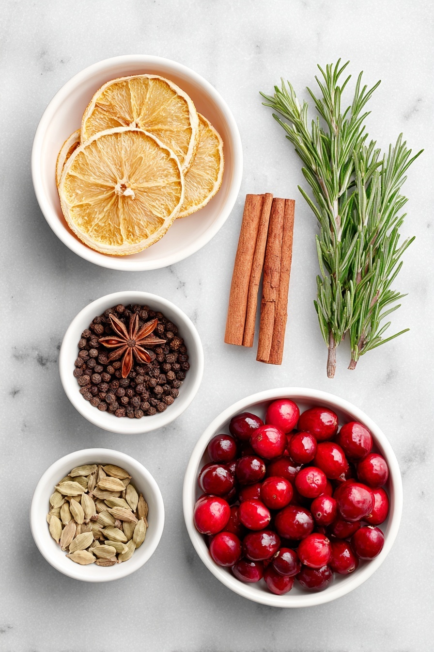 Flat lay of a few dried orange slices arranged beside two cinnamon sticks, a small white ceramic bowl filled with whole cloves, another small white bowl containing allspice berries, two fresh sprigs of rosemary with vibrant green needles, two whole star anise pods placed symmetrically, a small handful of fresh bright red cranberries in a white ceramic bowl, and a small white ceramic bowl holding cardamom pods, all meticulously arranged in perfect symmetry, placed on a clean white marble surface, soft natural light, photo taken with an iPhone, professional food photography style, fresh ingredients, white ceramic bowls, no bottles, no duplicates, no utensils, no packaging --ar 2:3 --v 7 --p m7354615311229779997 - Christmas Simmer Pot in a Jar, festive simmer pot, holiday room spray, homemade Christmas air freshener, holiday gift idea