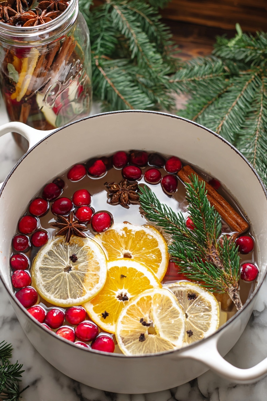 A white pot filled with clear water holds floating layers of holiday spices and fruits. The top layer has bright red cranberries and shiny brown star anise scattered around. Below, several round slices of dried orange with pale yellow centers and slightly darker edges float near the surface. Dark brown cinnamon sticks lie gently on and under the orange slices. Sprigs of green pine needles add a fresh, textured look drifting to the right side inside the pot. In the background, blurred green pine branches and a jar with more dried fruit and spices sit on a white marbled surface. photo taken with an iphone --ar 2:3 --v 7 - Christmas Simmer Pot in a Jar, festive simmer pot, holiday room spray, homemade Christmas air freshener, holiday gift idea