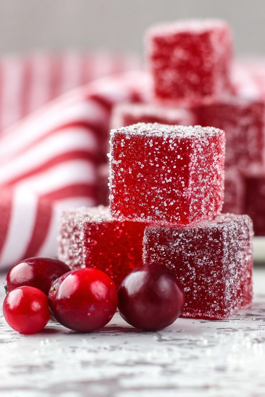 The image shows square red fruit jelly candies coated with sugar crystals, stacked in multiple layers with some pieces in focus and others blurred behind. In front of the stacked jellies are shiny whole red cranberries with smooth surfaces. The background includes a soft-focus red and white striped cloth, and the setup rests on a white marbled texture. The colors highlight the bright red of the jellies and cranberries against the neutral background. photo taken with an iphone --ar 2:3 --v 7 - Cranberry Jelly Candy, homemade cranberry candies, tart cranberry treats, holiday candy ideas, chewy cranberry sweets