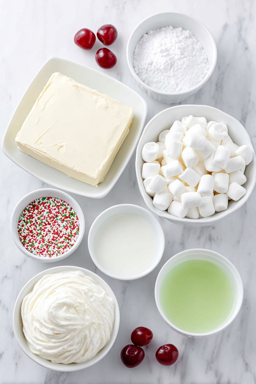 Flat lay of a block of cream cheese softened, a small white bowl of smooth vanilla pudding, a small white bowl of cold milk, a small white bowl of powdered sugar, a small white bowl with green liquid food coloring, a simple white ceramic bowl of creamy cool whip, a white ceramic bowl filled with mini marshmallows, a small white bowl of red and green sprinkles, a small white bowl of whipped cream, and a few bright red maraschino cherries scattered nearby, all arranged with perfect symmetry and balanced proportions, placed on a clean white marble surface, soft natural light, photo taken with an iPhone, professional food photography style, fresh ingredients, white ceramic bowls, no bottles, no duplicates, no utensils, no packaging --ar 2:3 --v 7 --p m7354615311229779997 - Grinch Fluff Dessert, festive holiday dessert, easy fluff recipe, colorful holiday treat, no-bake dessert