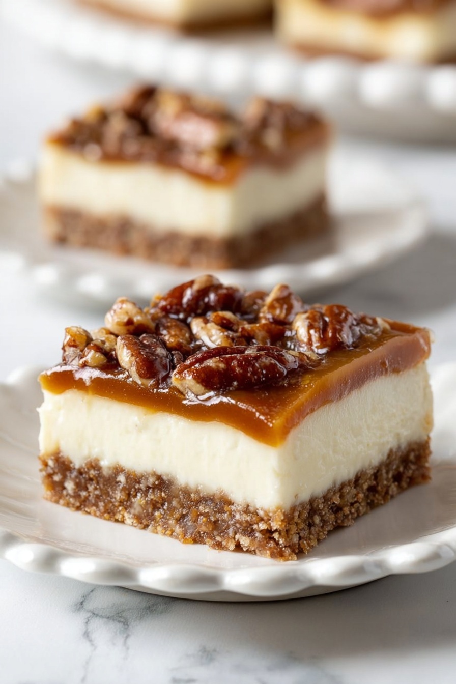 A close-up image of a white rectangular baking dish filled with a thick layer of glossy caramel topping mixed with many chopped pecans. The caramel layer has a rich golden-brown color with a slightly shiny texture, evenly spread covering the entire surface. The pecans are roasted and scattered densely throughout the caramel, adding a rough and crunchy look with their dark brown and light tan colors. The dish is placed on a white marbled surface. photo taken with an iphone --ar 2:3 --v 7 - Pecan Cheesecake Bars, Pecan Cheesecake Bars Recipe, easy pecan dessert, no-bake pecan cheesecake, holiday dessert bars