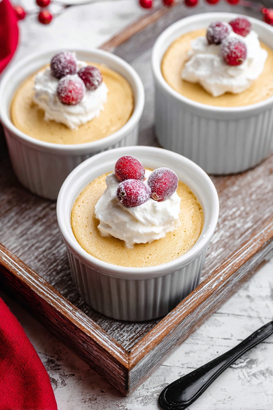 Three white ramekins sit inside a rustic wooden tray on a white marbled surface. Each ramekin holds one layer of smooth, light orange creamy pudding filling the dishes to the top. On top of each pudding layer is a small dollop of white whipped cream, crowned with two frosted red cranberries. The tray's wood shows soft gray and white tones with a worn texture. In the foreground, a black spoon handle rests next to the tray, and a red cloth peeks in from the side. Photo taken with an iphone --ar 2:3 --v 7 - Eggnog Pudding Christmas Dessert Holiday Treat Festive Eggnog Pudding Recipe with Whipped Cream