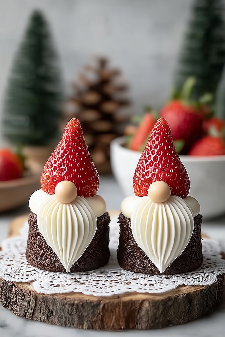 A white plate holds six small chocolate cupcakes, each decorated to look like little gnomes. Each cupcake has a dark brown base, topped with a smooth white cream layer. On top of the cream sits a fresh red strawberry shaped like a pointed hat. Below the strawberry, a small light brown round candy is placed in front, with white cream piped down below it to look like a long beard. The scene is set on a white marbled surface with blurred pine cones and small green trees in the background. photo taken with an iphone --ar 2:3 --v 7 - Chocolate Brownie Gnome Bites with Strawberries, easy gnome dessert ideas, whimsical brownie treats, strawberry and cream cheese desserts, fun party snack recipes