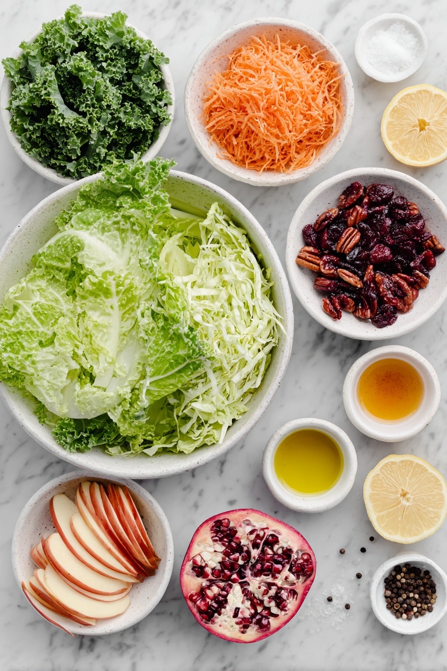 Flat lay of finely chopped fresh kale, a handful of spring salad mix leaves, shredded green Napa cabbage, shredded bright orange carrots, two diced crisp tart apples (like Gala or Honeycrisp), a small mound of candied pecans, crumbled creamy goat cheese, a small pile of ruby red pomegranate arils, a few lemon halves, small white ceramic bowls containing golden olive oil, deep red wine vinegar, smooth honey, vibrant yellow dijon mustard, coarse kosher salt crystals, and whole black peppercorns, all arranged with perfect symmetry in simple white ceramic bowls and plates, placed on a clean white marble surface, soft natural light, photo taken with an iPhone, professional food photography style, fresh ingredients, white ceramic bowls, no bottles, no duplicates, no utensils, no packaging --ar 2:3 --v 7 --p m7354615311229779997 - Winter Kale Salad with Apples and Pomegranate, healthy winter salad, kale and pomegranate salad, apple winter salad, vibrant winter greens