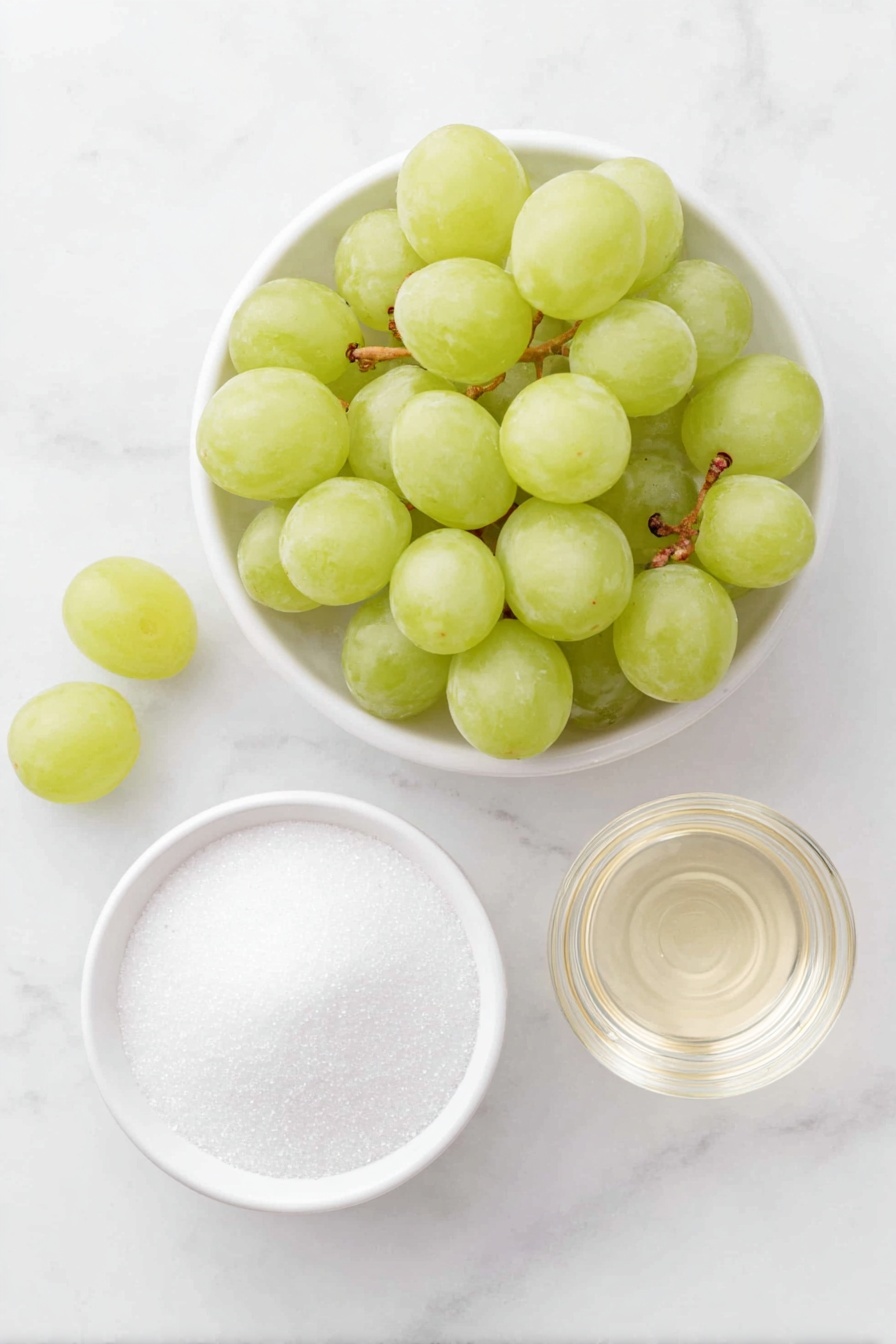 Flat lay of fresh green grapes with some individual grapes removed from the stems, a small white ceramic bowl filled with granulated cane sugar, a small white ceramic bowl containing clear sparkling prosecco liquid, all arranged in perfect symmetry on a clean white marble surface, soft natural light, photo taken with an iPhone, professional food photography style, fresh ingredients, white ceramic bowls, no bottles, no duplicates, no utensils, no packaging --ar 2:3 --v 7 --p m7354615311229779997 - Prosecco Grapes, sparkling grape bites, bubbly fruit snack, festive grape appetizers, easy party fruit