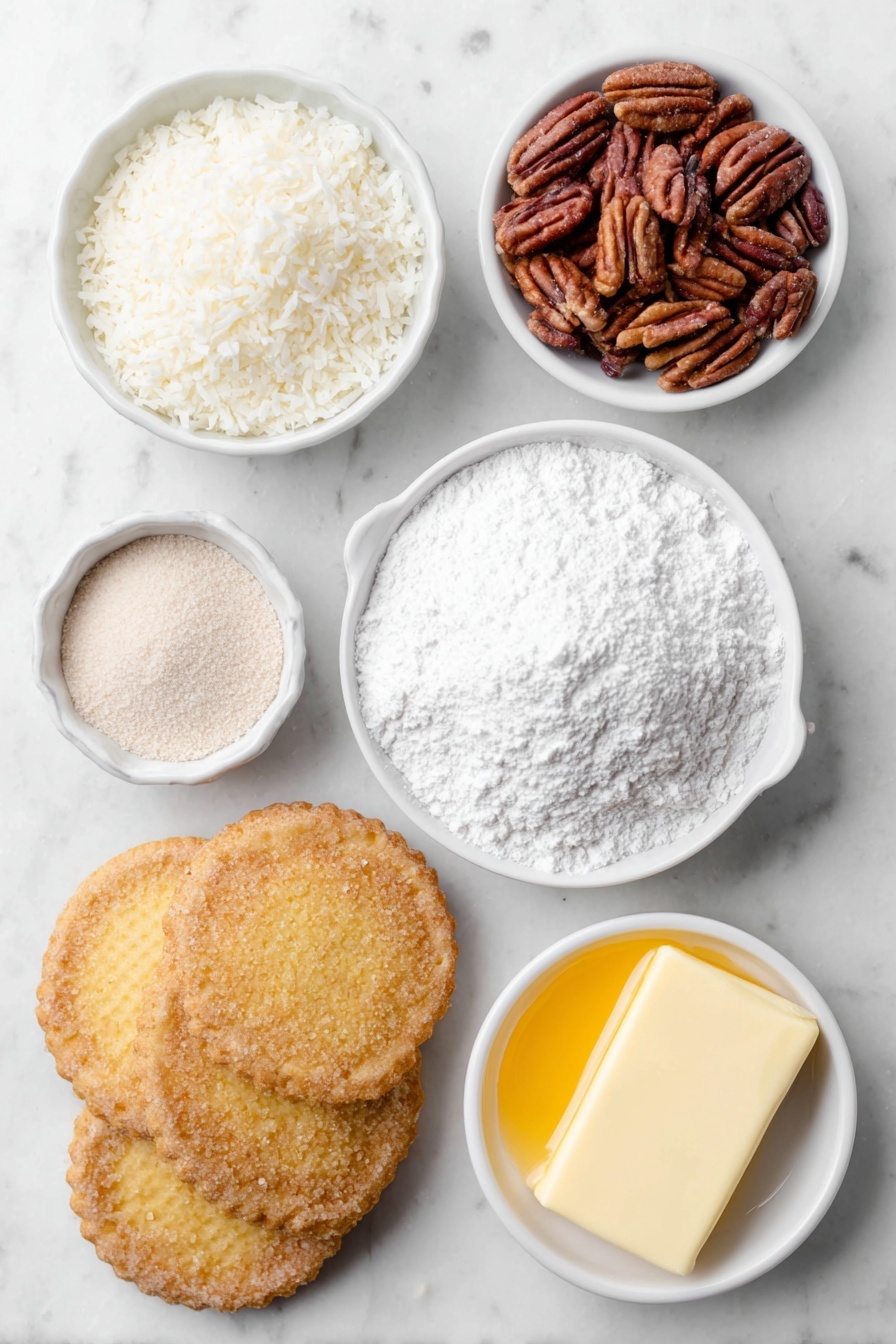 Flat lay of a small mound of golden vanilla wafer cookies, a handful of whole pecans, a small white ceramic bowl filled with white coconut flakes, a small white ceramic bowl holding fine white powdered sugar, a small white ceramic bowl with bright orange thick orange juice concentrate, a few whole vanilla beans pod pieces, and a stick of soft unsalted butter on a white ceramic dish, all arranged with perfect symmetry and realistic proportions, placed on a clean white marble surface, soft natural light, photo taken with an iPhone, professional food photography style, fresh ingredients, white ceramic bowls, no bottles, no duplicates, no utensils, no packaging --ar 2:3 --v 7 --p m7354615311229779997 - Orange Coconut Snowball Cookies, citrus coconut cookies, no-bake snowball cookies, tropical cookies with orange and coconut, easy holiday cookies