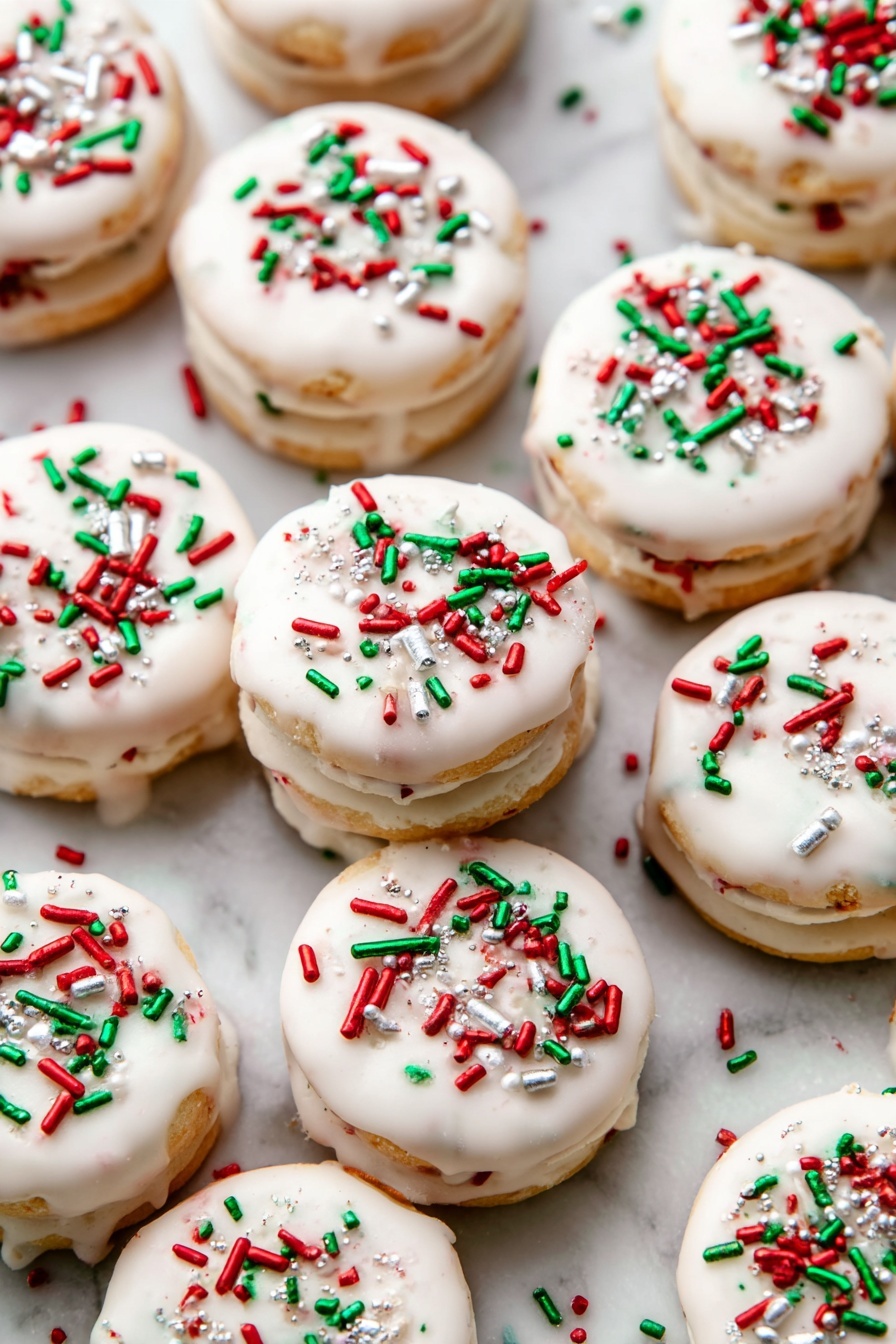 This image shows many small, round sandwich cookies stacked on a white marbled surface. Each cookie has two light golden layers with a white icing layer in the middle, covered on top with a smooth white glaze that drips slightly onto the surface. The tops are decorated with red, green, white, and silver sprinkles in different shapes, including small sticks, balls, and a few Christmas tree shapes. The overall look is festive and bright, with the cookies arranged close to each other, some overlapping. photo taken with an iphone --ar 2:3 --v 7 - Ritz Cracker Peanut Butter Cookies, easy salty-sweet cookies, no-bake peanut butter cookies, homemade sandwich cookies, quick holiday treats