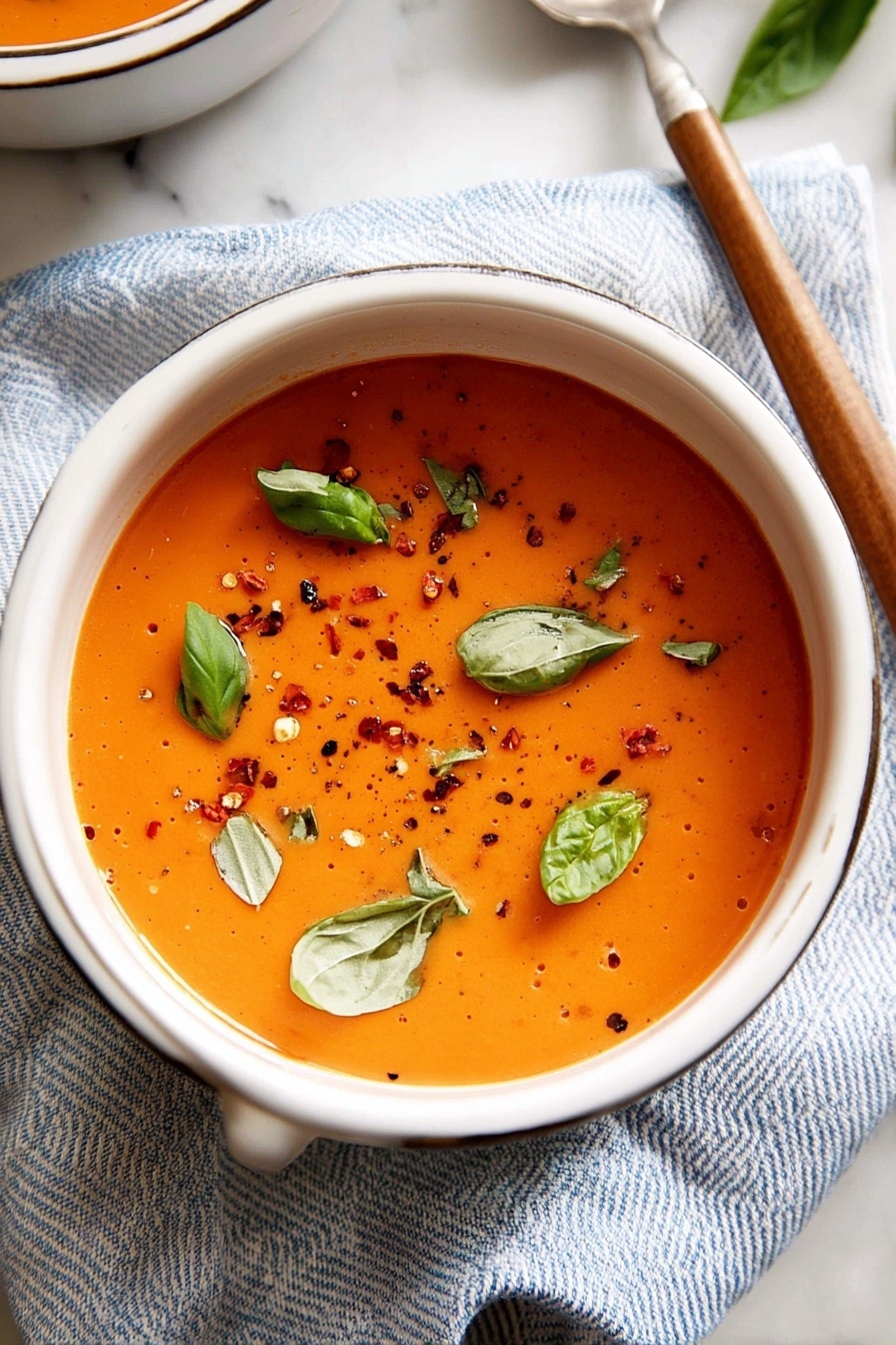 A white round bowl filled with smooth, creamy orange soup, topped with small fresh green basil leaves scattered across the surface. There are tiny bits of black pepper and red chili flakes sprinkled evenly on the soup. The bowl sits on a soft blue and white striped cloth over a white marbled surface, with a wooden spoon handle visible next to it. Photo taken with an iphone --ar 2:3 --v 7 - Creamy Tomato Soup with Basil, Tomato Basil Soup, Homemade Tomato Soup, Cozy Tomato Soup, Easy Tomato Soup Recipe
