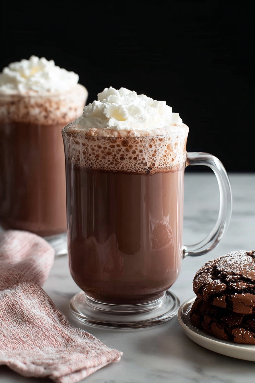 A clear glass mug filled with dark brown hot chocolate topped with a fluffy, uneven swirl of white whipped cream that rises above the rim. The hot chocolate looks thick with small bubbles near the edge under the whipped cream. The mug sits on a white marbled surface, next to a pink and white cloth. In the background, there is another similar glass mug also topped with whipped cream, slightly out of focus, and part of a white plate with a dark brown, cracked cookie. Photo taken with an iphone --ar 2:3 --v 7 - Homemade Hot Chocolate, hot chocolate from scratch, creamy hot cocoa recipe, easy hot chocolate, rich hot chocolate drink