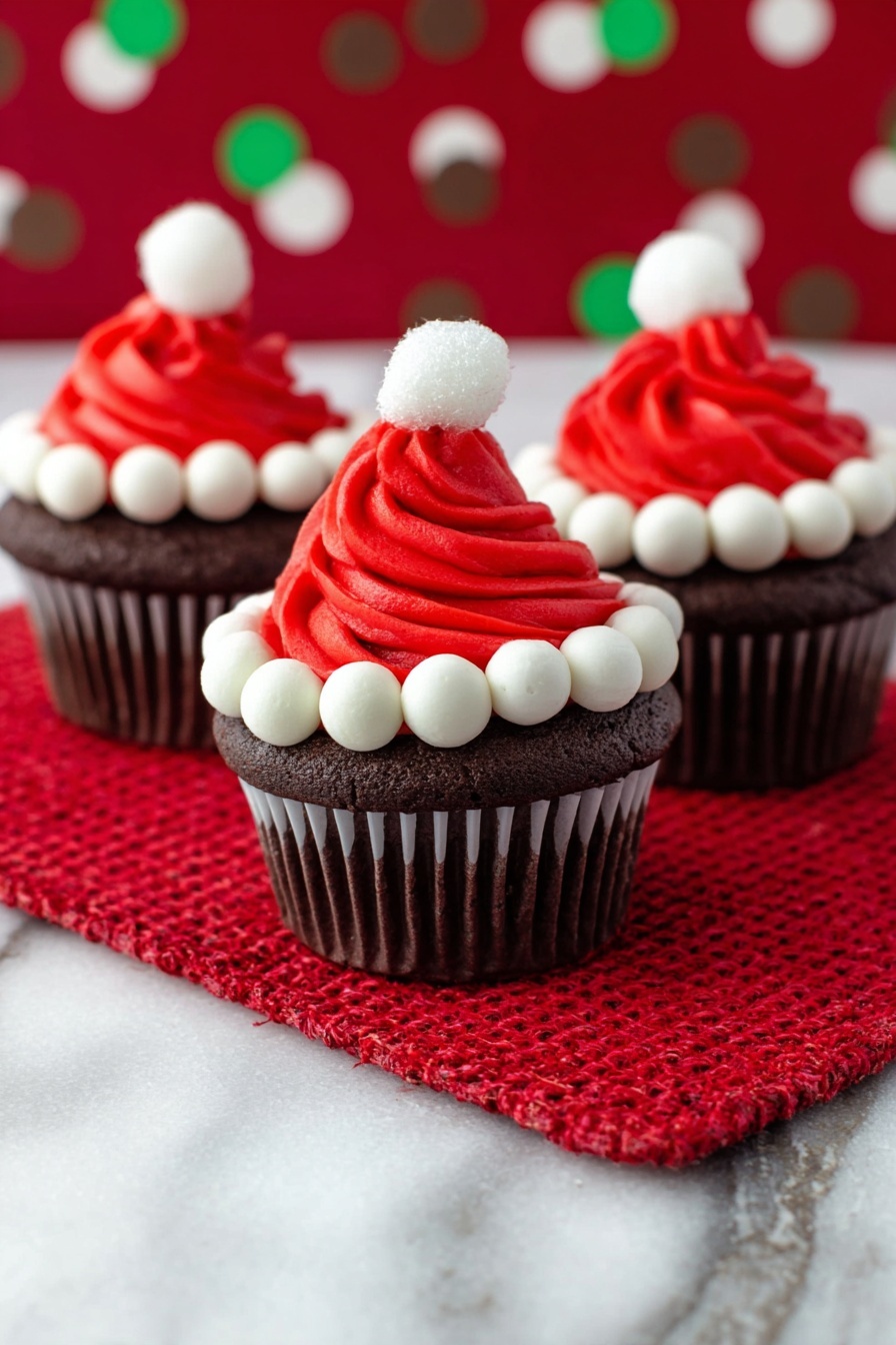 Three dark chocolate cupcakes sit on a bright red woven mat over a white marbled surface. Each cupcake has three layers of decoration; the base is the dark brown cupcake, topped with a swirl of bright red frosting shaped like a Santa hat, and a ring of white dollops around the base of the red frosting resembling the hat's trim. On top of each red swirl is a small white dollop mimicking a pom-pom. The background has soft out-of-focus red, green, and brown polka dots. photo taken with an iphone --ar 2:3 --v 7 - Santa Hat Cupcakes with Mini Marshmallows, Christmas Cupcakes, Holiday Dessert Recipes, Festive Cupcake Ideas, Easy Christmas Treats