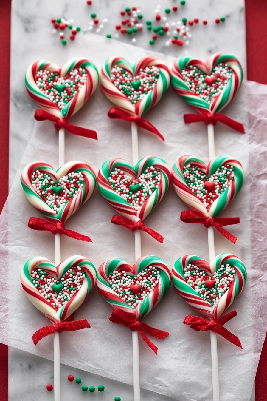 There are eight heart-shaped candy sticks laid out in two rows on a white tray covered with white parchment paper, all on a white marbled surface. Each candy stick has a red-and-white or green-and-white twisted candy forming the outer heart, with a small white heart in the center topped with red, green, and white round sprinkles. The candy sticks have white sticks at the bottom, each tied with a small red ribbon. Scattered red, green, and white sprinkles are spread around the tray on the marbled surface. photo taken with an iphone --ar 2:3 --v 7 - Candy Cane Heart Lollipops, festive holiday treats, peppermint chocolate lollipops, homemade Christmas candies, heart-shaped lollipops