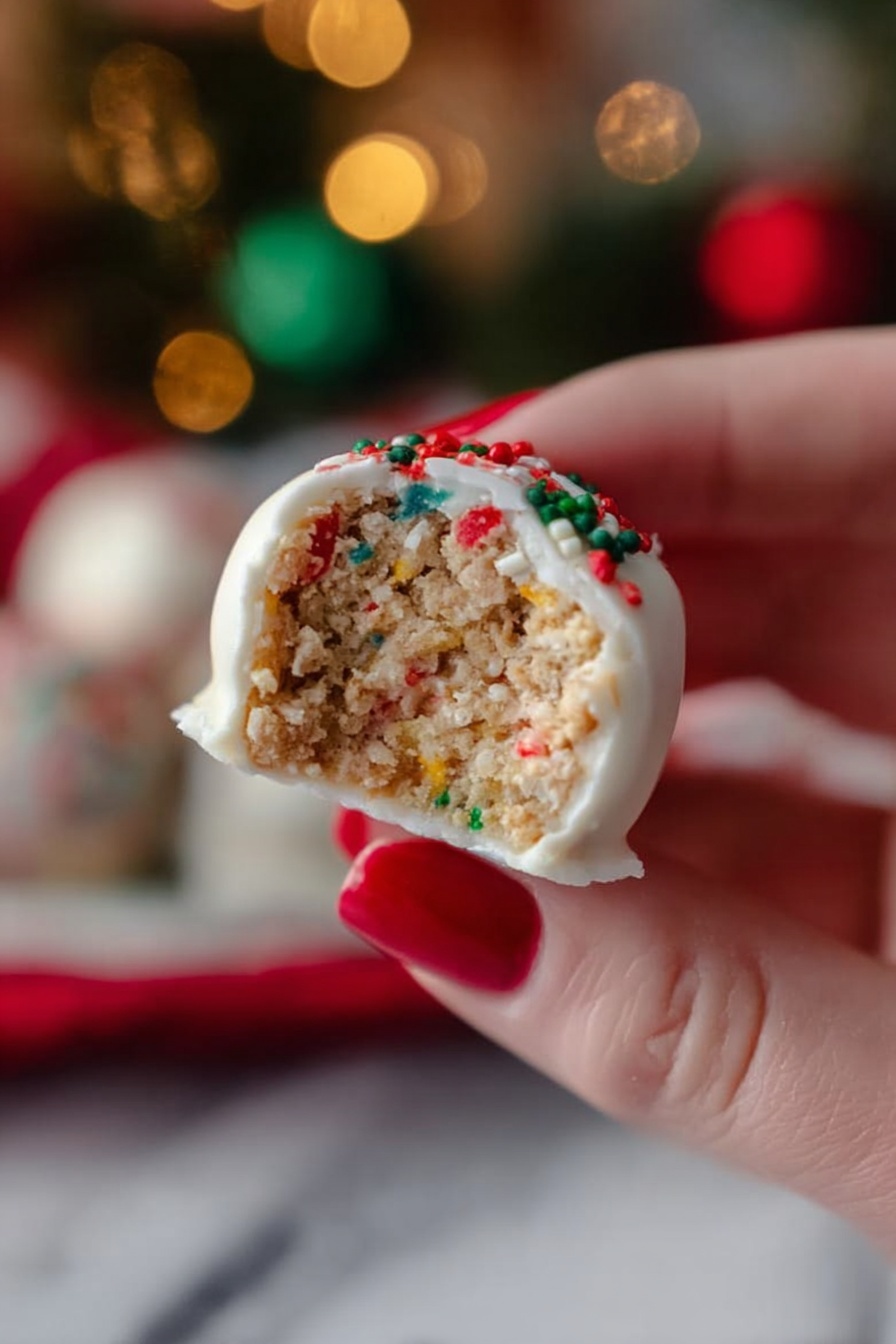 The image shows a white plate with speckles holding round white cookies decorated with thin red stripes and small green sprinkles. One cookie at the top right has a bite taken out, revealing a soft brown inside. The cookies are arranged closely together over the white marbled surface background. photo taken with an iphone --ar 2:3 --v 7 - Christmas Tree Cake Truffles, festive Christmas treats, holiday dessert ideas, no-bake holiday candies, easy Christmas truffles