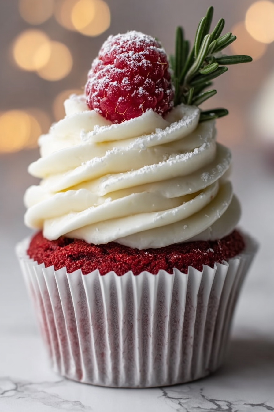 A single red cupcake sits in a white paper liner on a white marbled surface. It has two main layers: the bottom layer is a deep red cake with a soft texture, and the top layer is thick, creamy white frosting swirled in a spiral pattern. On the very top of the frosting, there is a bright red raspberry dusted lightly with powdered sugar. A small sprig of green rosemary is placed behind the raspberry, adding a touch of color contrast. The background is softly blurred with warm, light bokeh. Photo taken with an iphone --ar 2:3 --v 7 - Red Velvet Cupcakes with Vanilla Frosting, easy red velvet cupcakes, moist red velvet cupcakes, festive cupcake recipes, holiday dessert ideas