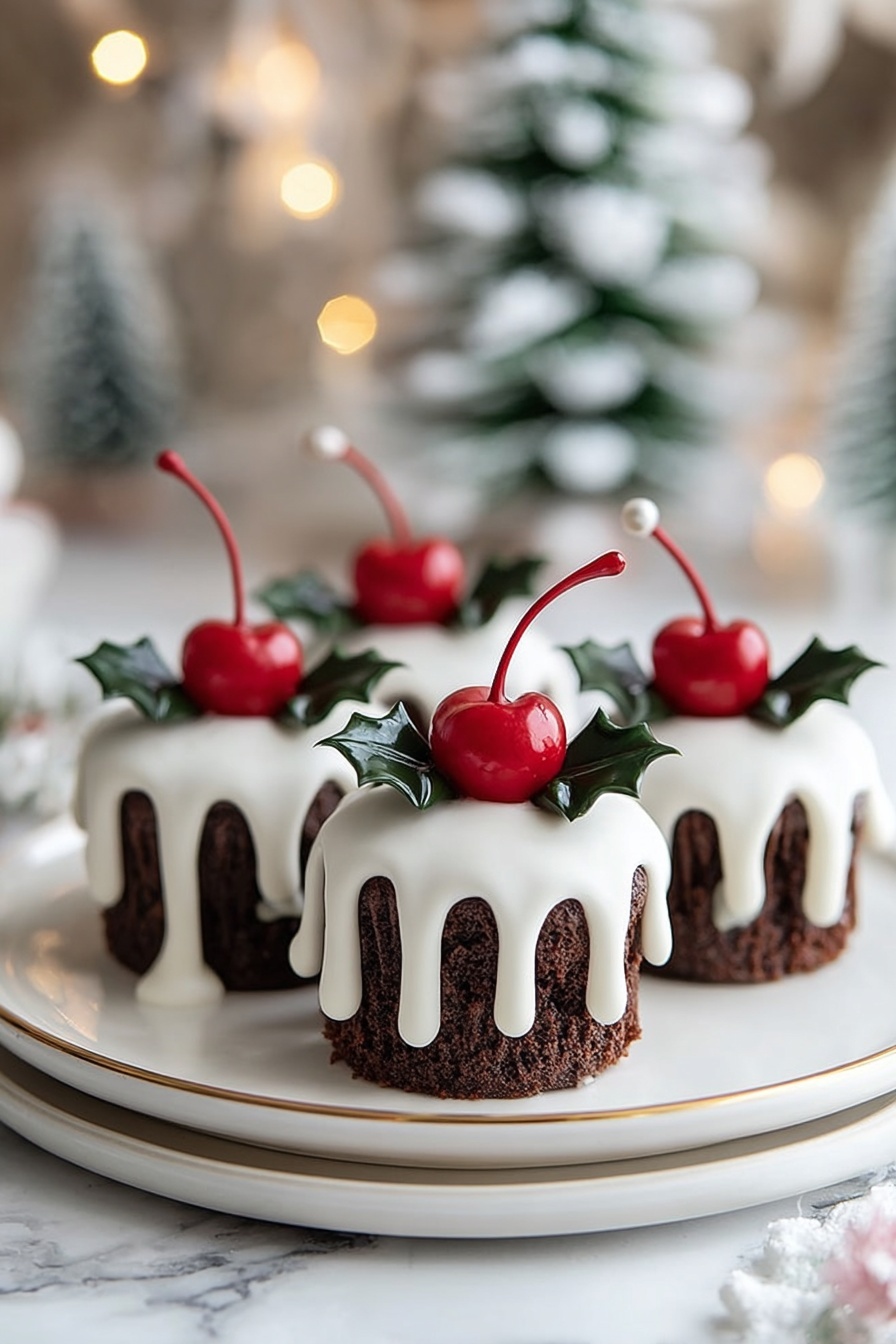 There are four small chocolate cupcakes arranged on a white round plate with a gold edge, placed on a white marbled surface. Each cupcake is topped with thick, white icing that drips down the sides in uneven layers. On top of each cupcake, there is a bright red cherry with a long stem and two dark green holly leaves positioned below the cherry. The background is blurry but shows a Christmas tree with white frosted branches and glowing lights. Photo taken with an iphone --ar 2:3 --v 7 - Festive Christmas Pudding Cupcake, Christmas pudding cupcakes, holiday cupcake recipes, festive holiday desserts, Christmas cupcake ideas