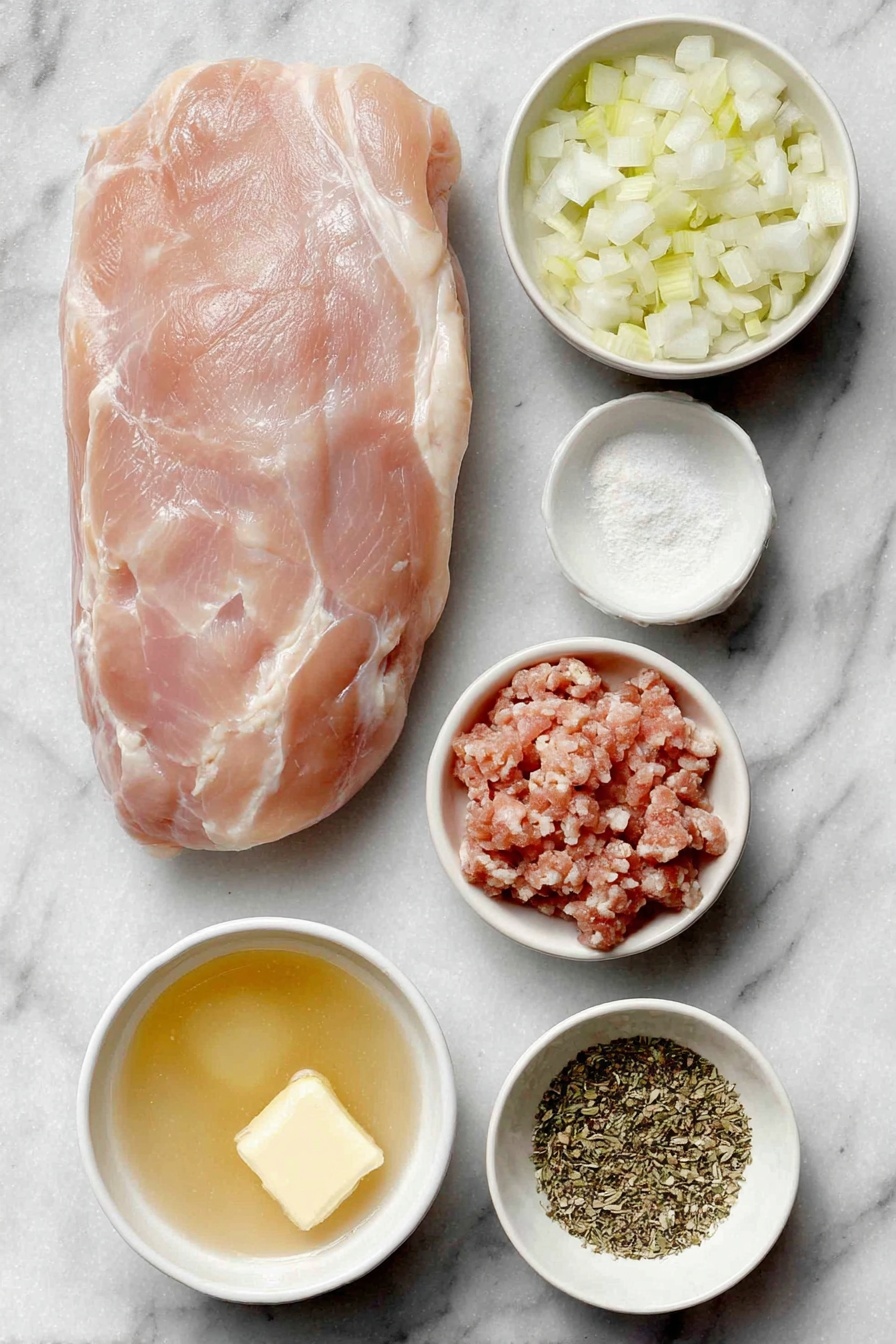 Flat lay of a whole skinless boneless turkey breast, a small mound of Italian sausage meat loose and raw, a few finely diced yellow onion pieces, some finely diced celery stalks, a small white bowl of golden softened unsalted butter, a small white bowl of light chicken broth, a small white bowl of kosher salt, a small white bowl of ground black pepper, a small white bowl of garlic powder, a neat pile of herb stuffing mix, placed on a clean white marble surface, soft natural light, photo taken with an iPhone, professional food photography style, fresh ingredients, white ceramic bowls, no bottles, no duplicates, no utensils, no packaging --ar 2:3 --v 7 --p m7354615311229779997 - Turkey Roulade with Sausage Stuffing, holiday turkey roulade, elegant stuffed turkey breast, easy Christmas main dish, savory sausage stuffing