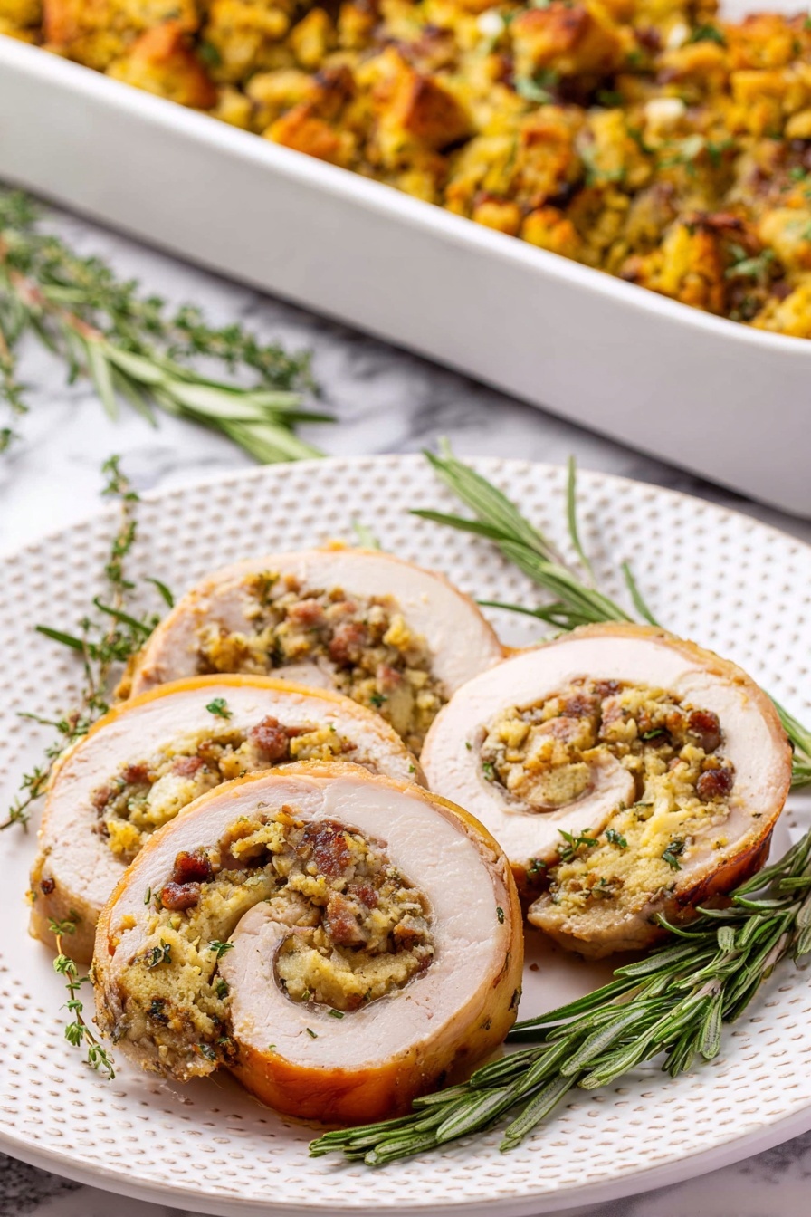 The image shows three thick slices of rolled turkey with a stuffing inside on a white plate with a dotted edge. The turkey skin is golden brown and slightly crispy, while the stuffing inside is a mix of light yellow and brown chunks, textured with herbs and small bits of sausage. There are fresh sprigs of green rosemary and thyme placed around the turkey slices on the plate. In the background, a white rectangular baking dish holds the same stuffing, which is a golden-brown mix with small visible herbs, resting on a white marbled surface. The photo taken with an iphone --ar 2:3 --v 7 - Turkey Roulade with Sausage Stuffing, holiday turkey roulade, elegant stuffed turkey breast, easy Christmas main dish, savory sausage stuffing