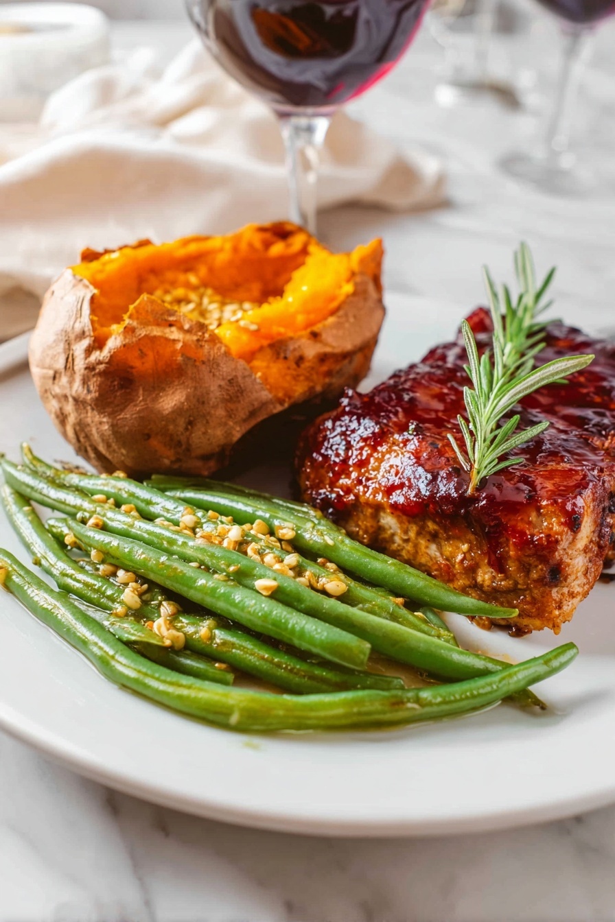 The image shows a white plate with three food items arranged in separate sections. On the right side, there is a thick piece of grilled meat covered with a dark reddish glaze and garnished with a small sprig of green rosemary on top. In the center-left, there is a baked sweet potato, opened to show its bright orange, soft inside. In front of the sweet potato, there is a pile of green beans coated with small mustard seeds and a light sauce, giving them a slightly glossy look. The plate is set on a white marbled surface with blurred background elements including a glass of red wine and white fabric. photo taken with an iphone --ar 2:3 --v 7 - Green Beans with Mustard Butter Sauce, green beans side dish, easy vegetable side recipes, quick green bean recipes, flavorful green bean ideas