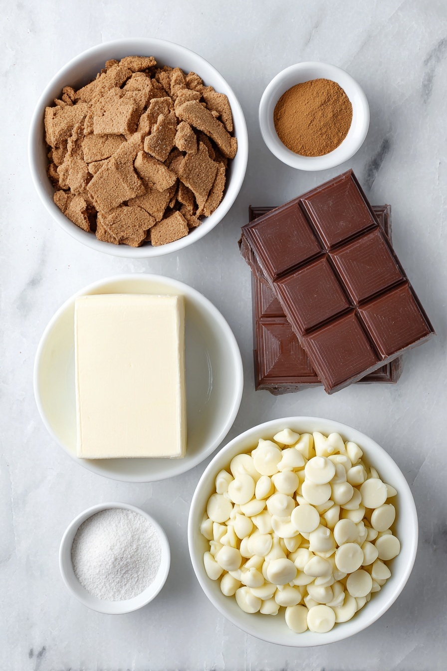 Flat lay of crushed gingerbread cookies in a simple white ceramic bowl, a whole block of cream cheese with one corner sliced revealing the creamy inside, a small white bowl with ground cinnamon powder, a small white bowl with ground nutmeg powder, a small white bowl with ground cloves powder, a small white bowl holding golden vanilla extract, and a simple white ceramic bowl filled with shiny white chocolate chips, placed on a clean white marble surface, soft natural light, photo taken with an iPhone, professional food photography style, fresh ingredients, white ceramic bowls, no bottles, no duplicates, no utensils, no packaging --ar 2:3 --v 7 --p m7354615311229779997 - Gingerbread Truffles, festive holiday treats, no-bake gingerbread candies, easy Christmas desserts, spicy chocolate truffles
