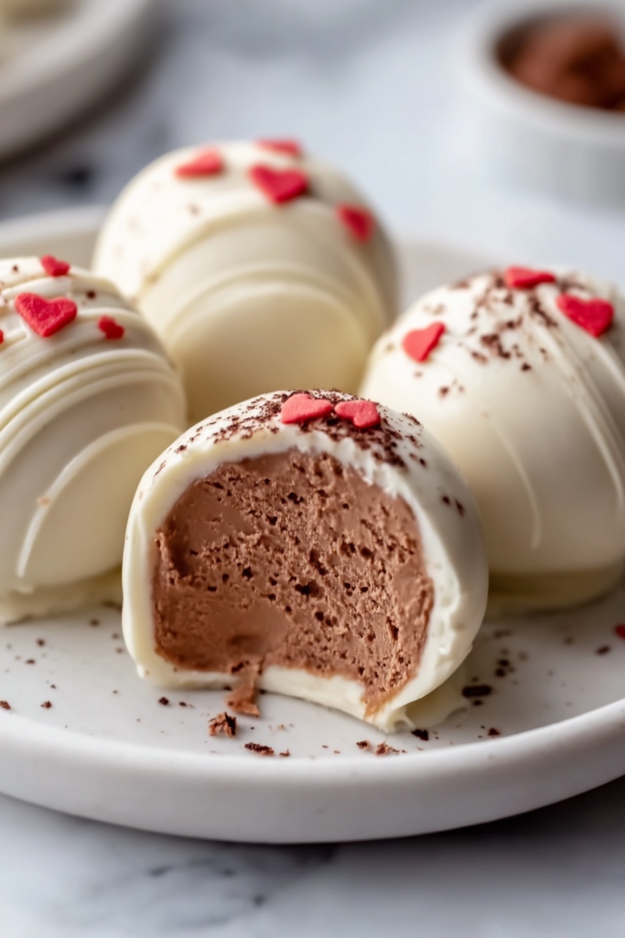 The image shows four round white chocolate-covered truffles placed on a white plate, which sits on a white marbled surface. Each truffle has a smooth, shiny white chocolate coating with a few small red heart-shaped sprinkles on top for decoration. One truffle is cut open to show the inside, revealing a rich, creamy milk chocolate filling with a soft texture. Some cocoa powder is lightly dusted on one of the truffles, adding a dark brown contrast to the white chocolate. The photo taken with an iphone --ar 2:3 --v 7 - Gingerbread Truffles, festive holiday treats, no-bake gingerbread candies, easy Christmas desserts, spicy chocolate truffles