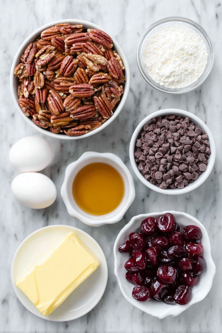 Flat lay of finely chopped pecans in a small white ceramic bowl, a small white bowl filled with amber bourbon liquid, finely chopped bright red maraschino cherries in a small white bowl, a stick of softened pale yellow butter on a white ceramic dish, a mound of white powdered sugar in a small white bowl, glossy semi-sweet chocolate chips in a small white bowl, two smooth white eggs, a small white bowl with solid white shortening or coconut oil, and bright red glossy candied cherry halves arranged neatly on a white ceramic plate, all placed on a clean white marble surface, soft natural light, photo taken with an iPhone, professional food photography style, fresh ingredients, white ceramic bowls, no bottles, no duplicates, no utensils, no packaging --ar 2:3 --v 7 --p m7354615311229779997 - Cherry Bourbon Balls, bourbon dessert, easy holiday treats, cherry chocolate bites, boozy holiday candies