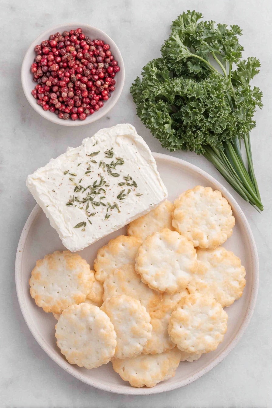 Flat lay of twelve round rice crackers arranged neatly, a small pile of fresh bright green curly parsley leaves, three long vibrant green chive stalks, a small square of creamy herbed goat cheese on a simple white ceramic plate, a cluster of a dozen vivid pink peppercorns in a small white ceramic bowl placed symmetrically, all placed on a clean white marble surface, soft natural light, photo taken with an iPhone, professional food photography style, fresh ingredients, white ceramic bowls, no bottles, no duplicates, no utensils, no packaging --ar 2:3 --v 7 --p m7354615311229779997 - Herbed Goat Cheese Christmas Appetizer, festive holiday appetizers, easy Christmas party snacks, elegant holiday hors d'oeuvres, quick Christmas appetizer ideas