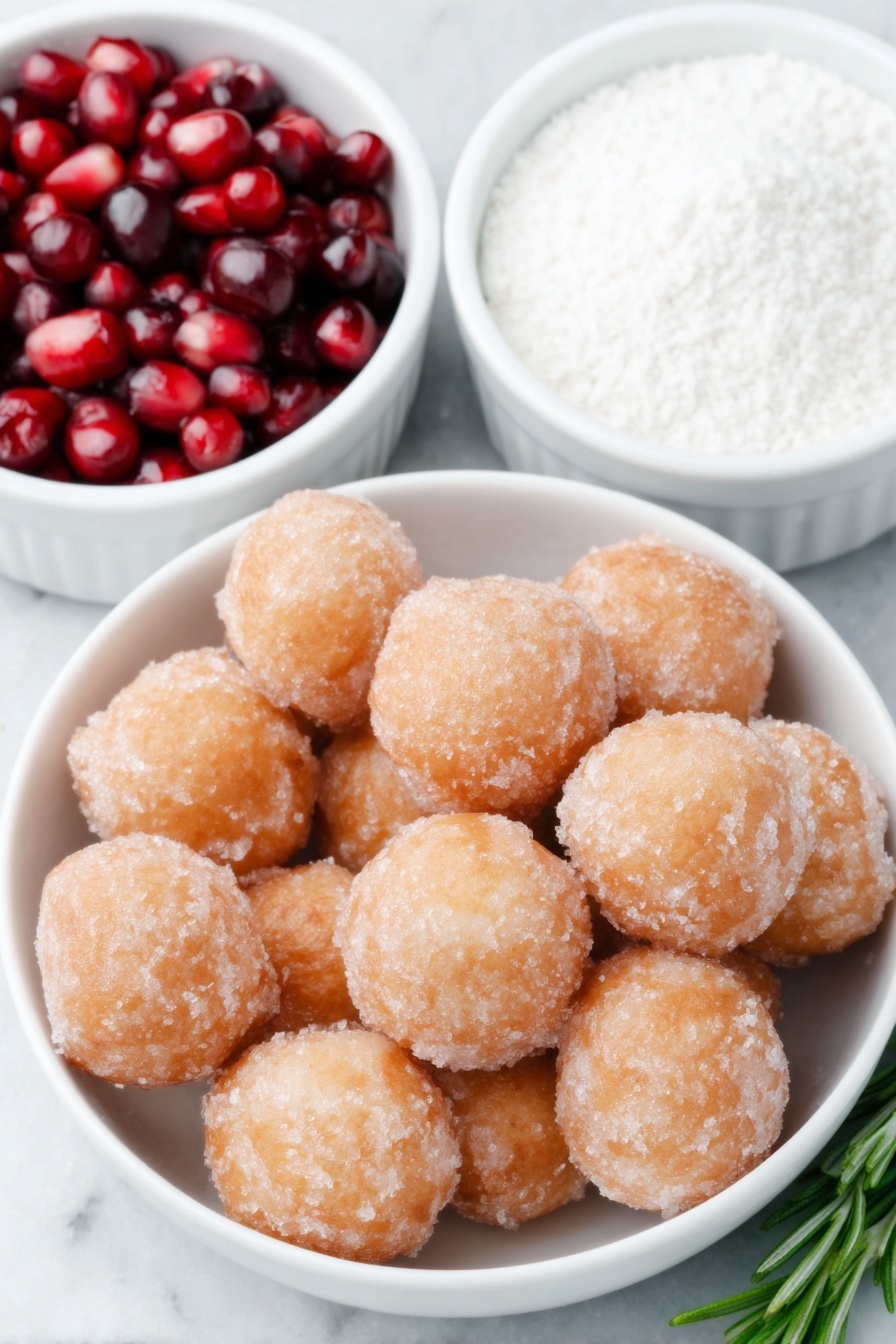 Flat lay of fresh golden donut holes dusted lightly with powdered sugar, a small white ceramic bowl filled with bright red pomegranate arils, several fresh green rosemary sprigs with vibrant needles, and a small white ceramic bowl holding fine white powdered sugar, all arranged symmetrically with balanced spacing, placed on a clean white marble surface, soft natural light, photo taken with an iPhone, professional food photography style, fresh ingredients, white ceramic bowls, no bottles, no duplicates, no utensils, no packaging --ar 2:3 --v 7 --p m7354615311229779997 - Christmas Donut Tree, festive holiday dessert, easy Christmas treats, edible holiday decoration, Christmas dessert centerpiece