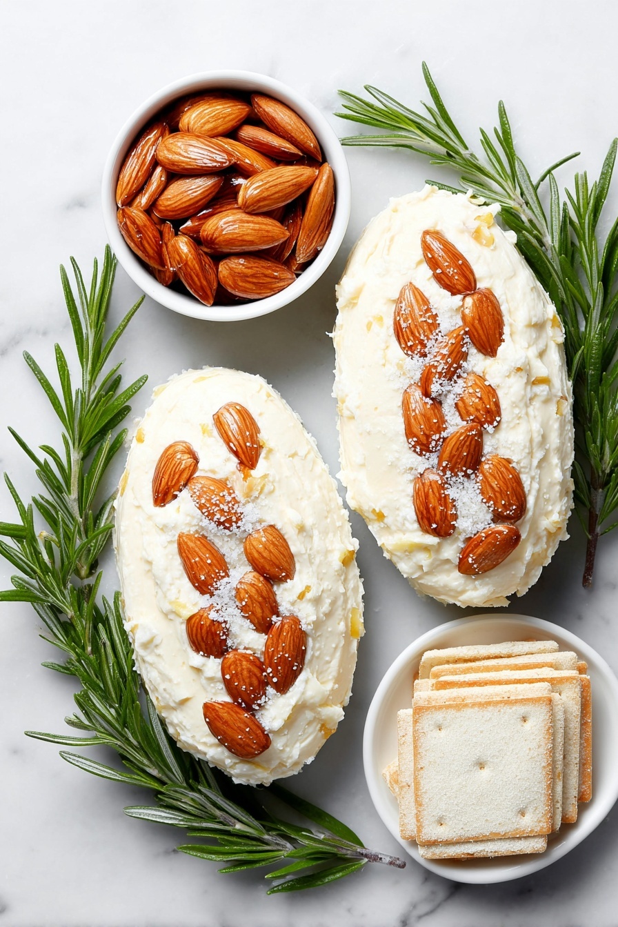 Flat lay of two oval-shaped mounds of creamy Neufchatel cheese mixed with shredded Gruyere cheese, one covered with whole toasted almonds arranged in neat rows, the other adorned with toasted sliced almonds similarly placed, six fresh rosemary sprigs with vibrant green needles artfully tucked around the cheese balls, a small white ceramic bowl filled with dry onion soup mix powder, and a simple white ceramic plate holding a neat stack of golden Wheat Thins crackers, all placed on a clean white marble surface, soft natural light, photo taken with an iPhone, professional food photography style, fresh ingredients, white ceramic bowls, no bottles, no duplicates, no utensils, no packaging --ar 2:3 --v 7 --p m7354615311229779997 - Pinecone Cheese Ball with Almonds, festive cheese ball, holiday cheese appetizer, edible centerpiece, easy cheese ball recipe