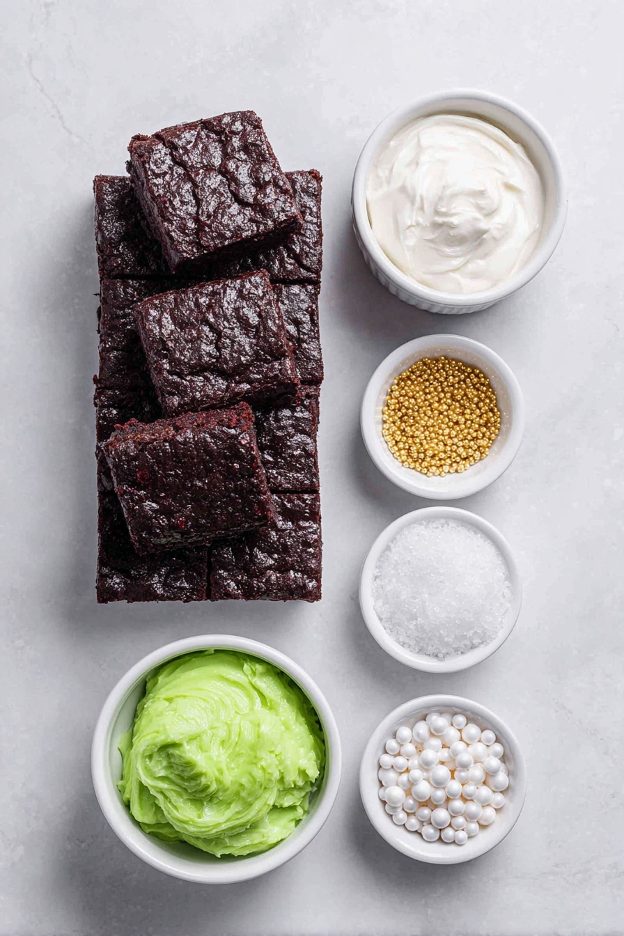 Flat lay of a stack of rich, square homemade brownies with a dark, fudgy texture, a small white ceramic bowl of smooth white frosting, another small white bowl with bright red-tinted frosting, a third small white bowl filled with vibrant green-tinted frosting, a handful of shiny edible gold star sprinkles scattered neatly next to a small pile of glossy white pearl sprinkles, all arranged with perfect symmetry and balance on a clean white marble surface, soft natural light, photo taken with an iPhone, professional food photography style, fresh ingredients, white ceramic bowls, no bottles, no duplicates, no utensils, no packaging --ar 2:3 --v 7 --p m7354615311229779997 - Christmas Tree & Santa Frosted Brownies, festive brownies recipe, holiday decorated brownies, Christmas dessert ideas, easy holiday brownies