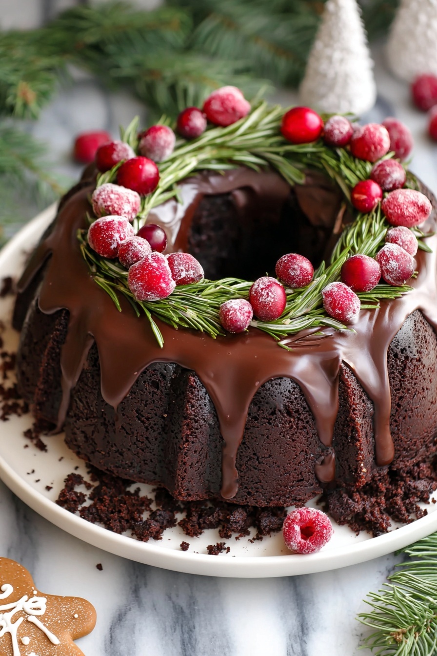 A dark chocolate bundt cake with one thick layer, covered with smooth chocolate glaze that drips down the sides. The top is decorated like a Christmas wreath with green rosemary sprigs arranged around the ring, topped with red raspberries and cranberries placed evenly on the glaze. The cake is on a white plate with crumbled chocolate pieces scattered around the base. The setting includes green pine branches and a small gingerbread man cookie near the plate, all on a white marbled surface. Photo taken with an iphone --ar 2:3 --v 7 - Gingerbread Chocolate Bundt Cake with Cranberries, festive holiday cake with gingerbread spices, chocolate cranberry bundt cake, Christmas dessert recipes, moist holiday cake