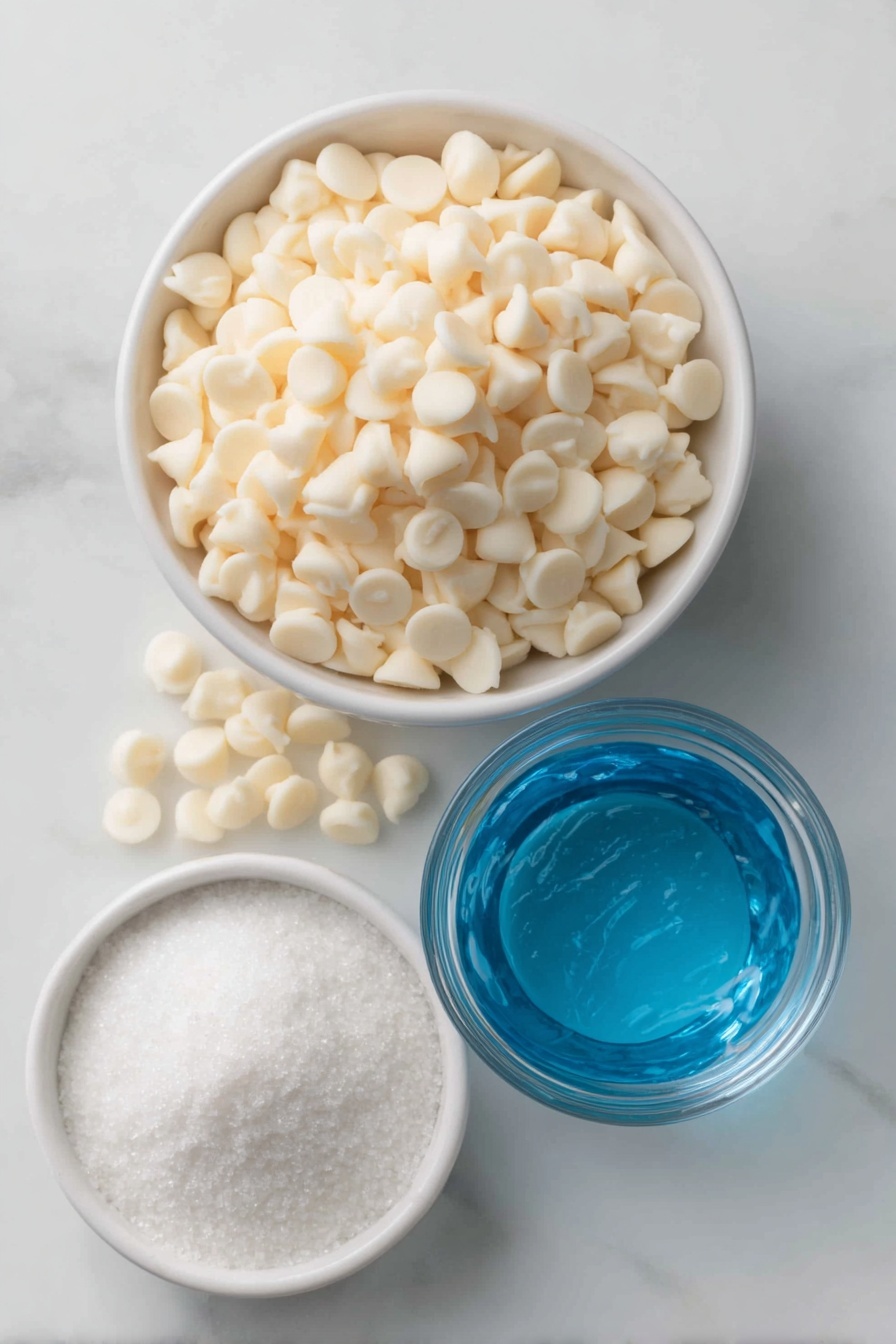 Flat lay of white chocolate chips scattered loosely, a small white ceramic bowl of heavy cream, a small white ceramic bowl filled with vibrant blue liquid Blue Curacao, and a small white ceramic bowl holding sparkling white sanding sugar, all arranged symmetrically and balanced, placed on a clean white marble surface, soft natural light, photo taken with an iPhone, professional food photography style, fresh ingredients, white ceramic bowls, no bottles, no duplicates, no utensils, no packaging --ar 2:3 --v 7 --p m7354615311229779997 - Blue Curacao White Chocolate Truffles, blue curacao dessert, white chocolate truffle recipe, citrus white chocolate confections, festive truffles with blue curacao