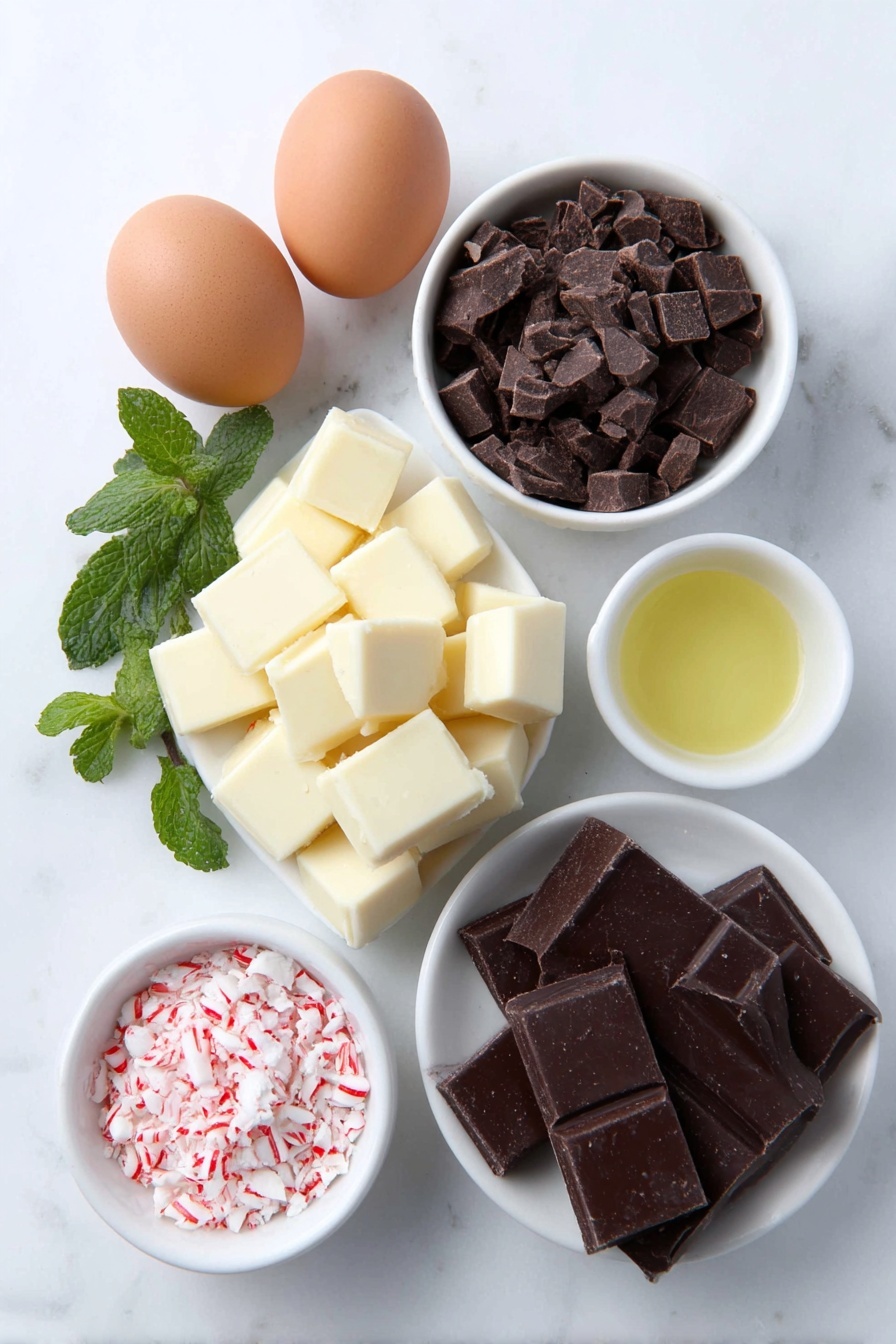 Flat lay of coarsely chopped white chocolate chunks in a small white ceramic bowl, coarsely chopped semi-sweet chocolate pieces in another small white ceramic bowl, two whole uncracked brown eggs, a few sprigs of fresh peppermint leaves, small white ceramic bowls each containing a clear liquid vegetable oil and translucent peppermint extract, and a simple white ceramic bowl filled with crushed candy cane pieces, arranged symmetrically and balanced in realistic proportions, placed on a clean white marble surface, soft natural light, photo taken with an iPhone, professional food photography style, fresh ingredients, white ceramic bowls, no bottles, no duplicates, no utensils, no packaging --ar 2:3 --v 7 --p m7354615311229779997 - Peppermint White Chocolate Bark, white chocolate peppermint bark, holiday bark recipe, festive chocolate treat, peppermint candy cane bark