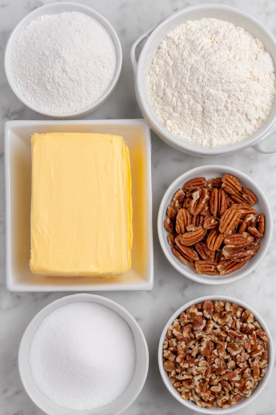 Flat lay of unsalted butter block softened and slightly creamy, a small white bowl with fine confectioners’ sugar, a small white bowl with pure vanilla extract, a small white bowl with all-purpose flour, a small white bowl with fine salt, a small white bowl with chopped and toasted pecans, all ingredients fresh and natural, arranged in perfect symmetry on simple white ceramic bowls placed on a clean white marble surface, soft natural light, photo taken with an iPhone, professional food photography style, fresh ingredients, white ceramic bowls, no bottles, no duplicates, no utensils, no packaging --ar 2:3 --v 7 --p m7354615311229779997 - Snowball Cookies, Snowball Cookies Recipe, Holiday Cookie Ideas, Butter Cookies, Easy Christmas Cookies
