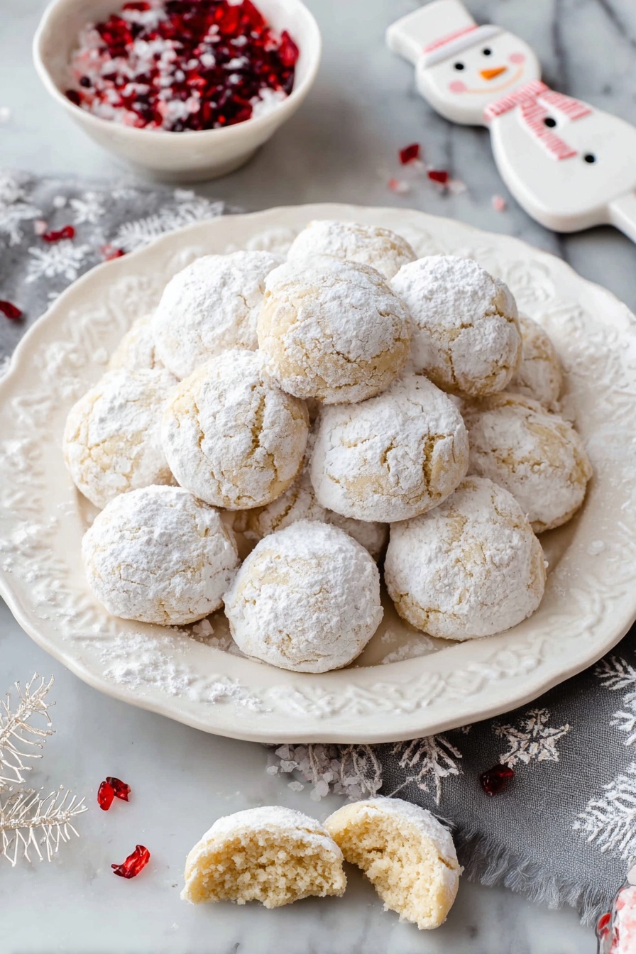 A white ornate plate filled with about fifteen round cookies stacked in a small heap, each cookie covered with a thick layer of white powdered sugar. The cookies are a pale golden color beneath the sugar, lightly textured with small visible bits inside. One cookie is broken in half, placed on top of the pile, showing a dense, crumbly interior. The plate sits on a white marbled surface, with a small patterned cloth and a tag slightly visible in the background. The overall look is bright, soft, and inviting. photo taken with an iphone --ar 2:3 --v 7 - Snowball Cookies, Snowball Cookies Recipe, Holiday Cookie Ideas, Butter Cookies, Easy Christmas Cookies