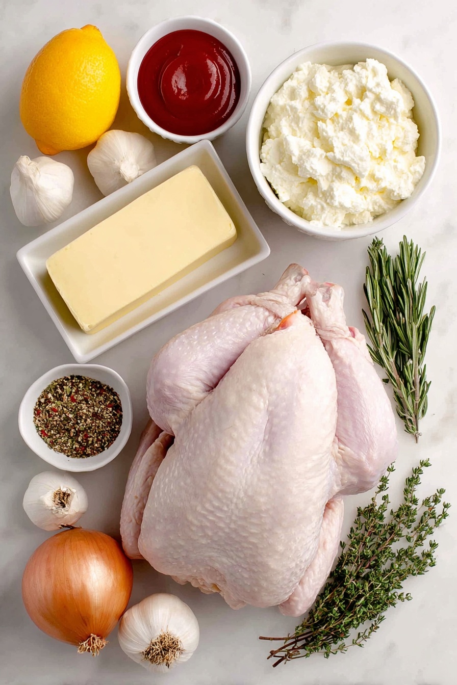 Flat lay of a whole fresh raw turkey with pale pink skin, a small white ceramic bowl filled with thick creamy buttermilk, a small white ceramic bowl holding bright red hot sauce, a stick of salted butter at room temperature, a pile of mixed all-purpose seasoning blend with visible herbs and spices, a whole brown onion, a whole bright yellow lemon, a whole vibrant orange, a whole garlic bulb with white papery skin, two sprigs of fresh green thyme, two sprigs of fresh green rosemary, two sprigs of fresh green sage, all arranged symmetrically on a clean white marble surface, soft natural light, photo taken with an iPhone, professional food photography style, fresh ingredients, white ceramic bowls, no bottles, no duplicates, no utensils, no packaging --ar 2:3 --v 7 --p m7354615311229779997 - Buttermilk Brined Thanksgiving Turkey, juicy turkey recipe, holiday turkey marinade, moist roasted turkey, flavorful Thanksgiving main dish