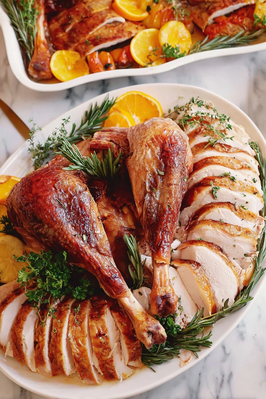 A white plate displays a roasted turkey arranged with two crispy, golden-brown turkey legs crossed in the center, surrounded by neatly sliced turkey breast pieces in light brown with a slightly crispy skin on the outer edges, fanning out along the plate's curve. Garnished with sprigs of green rosemary and thyme, the plate also includes some slices of orange and lemon placed near the edges, creating a fresh contrast against the rich turkey colors. The background features a white marbled surface, and part of a rectangular dish with more turkey and yellow tomatoes is visible in the upper part of the image. Photo taken with an iphone --ar 2:3 --v 7 - Buttermilk Brined Thanksgiving Turkey, juicy turkey recipe, holiday turkey marinade, moist roasted turkey, flavorful Thanksgiving main dish