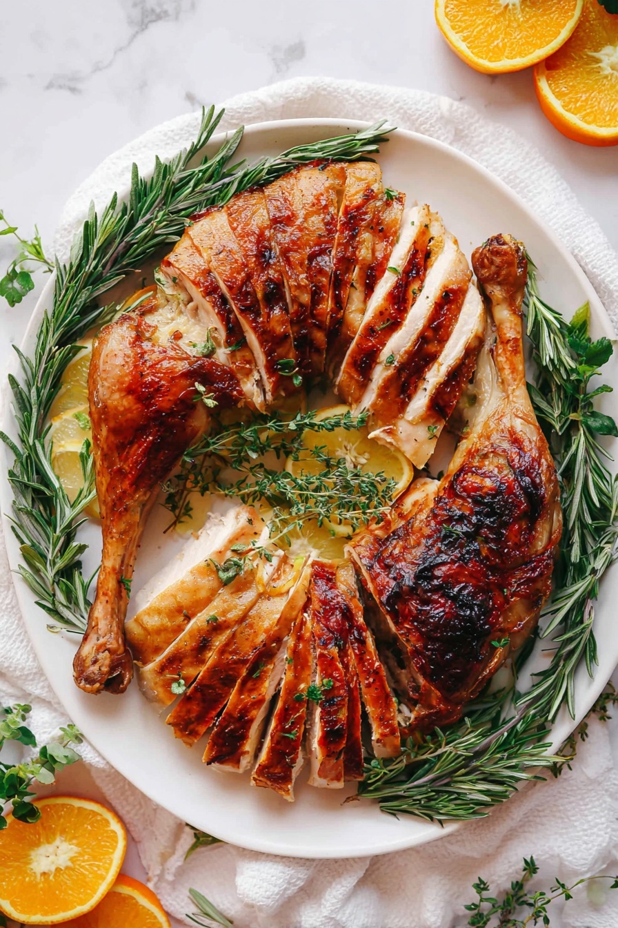 A white plate holds three layers of cooked turkey: two layers of sliced turkey with golden brown crispy skin arranged on opposite sides, and in the center, two whole cooked turkey legs with browned and slightly charred skin lying on top. Green herbs like rosemary and thyme are placed around and on the turkey for decoration. The plate sits on a white marbled surface with white cloth underneath and slices of orange and lemon nearby. The image is bright and clear. photo taken with an iphone --ar 2:3 --v 7 - Buttermilk Brined Thanksgiving Turkey, juicy turkey recipe, holiday turkey marinade, moist roasted turkey, flavorful Thanksgiving main dish