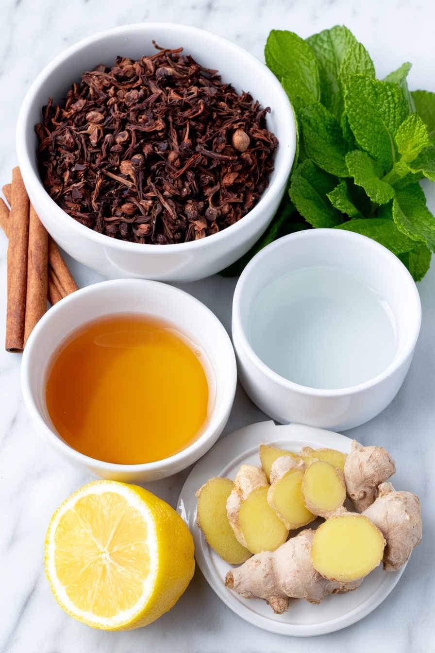 Flat lay of a small white ceramic bowl with loose black tea leaves, a single cinnamon stick broken into pieces, thinly sliced fresh ginger root arranged neatly, a few whole cloves scattered nearby, a small white ceramic bowl filled with clear water, a small white ceramic bowl of fresh lemon juice, a small white ceramic bowl with golden honey, and a fresh lemon slice placed beside the honey bowl, placed on a clean white marble surface, soft natural light, photo taken with an iPhone, professional food photography style, fresh ingredients, white ceramic bowls, no bottles, no duplicates, no utensils, no packaging --ar 2:3 --v 7 --p m7354615311229779997 - Non-Alcoholic Spiced Hot Toddy, warm non-alcoholic drinks, cozy hot beverages, soothing hot toddy recipe, comforting winter drinks