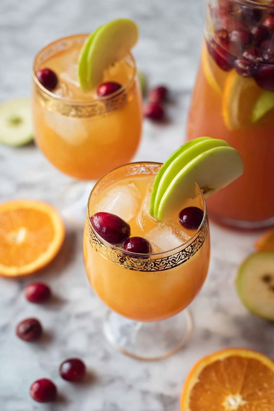 A clear glass jar filled with bright orange juice as the main layer, surrounded by circular orange slices pressed against the inside of the jar near the bottom. Floating on top are dark red cranberries. A clear liquid is being poured into the jar from a blue bottle positioned to the right. Around the jar on a white marbled surface are halved green and red apples, halved oranges, and scattered cranberries. The background is a grey textured brick wall. photo taken with an iphone --ar 2:3 --v 7 - Virgin Cranberry Sangria, non-alcoholic cranberry sangria, festive mocktail, fruit sangria, family-friendly drinks