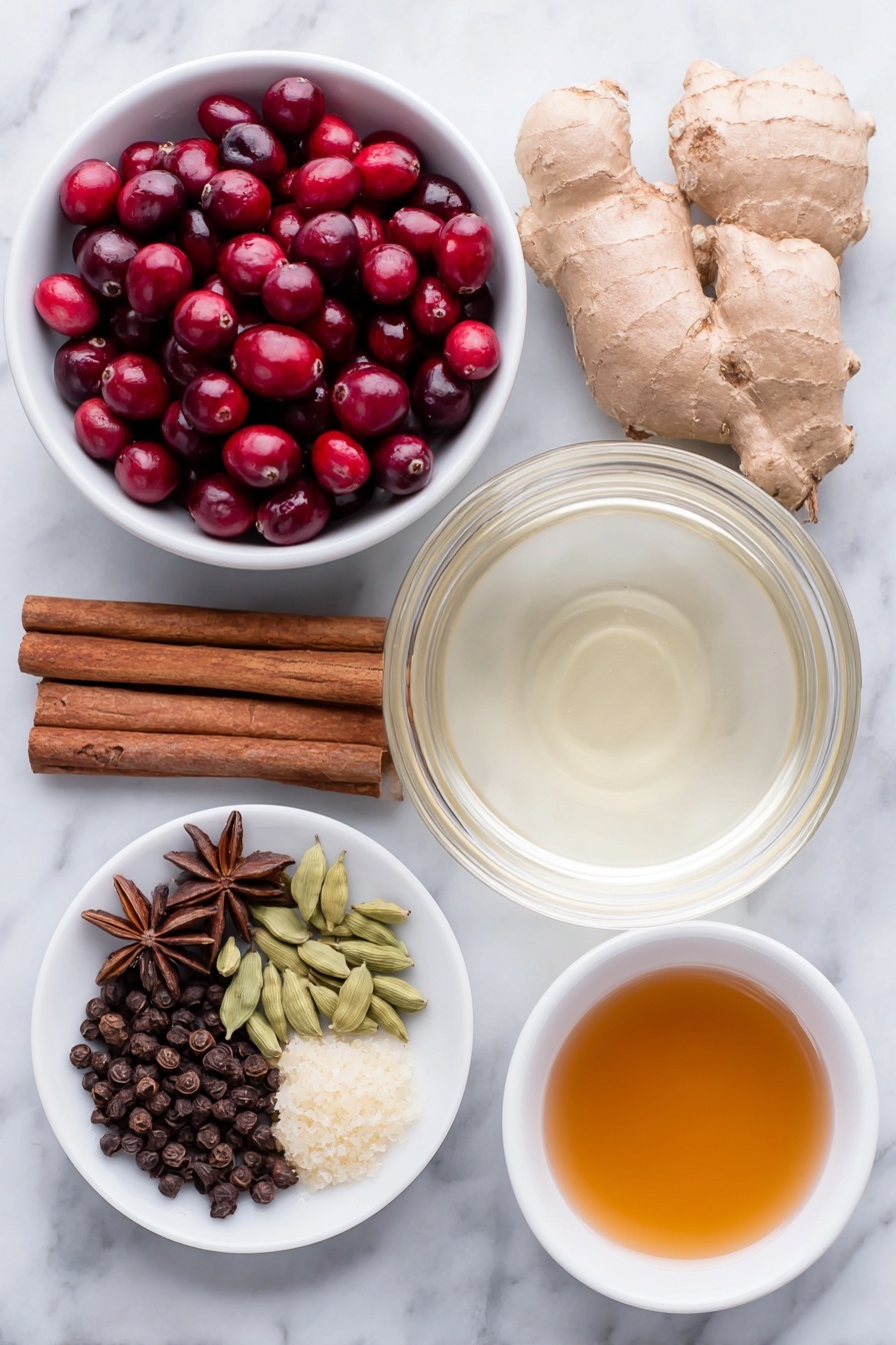 Flat lay of fresh bright red cranberries scattered beside a small pile of vibrant orange zest strips, a single smooth cinnamon stick, three whole brown cloves, three pale green cardamom pods, three round dark allspice berries, one dark brown star anise pod, a small mound of finely grated fresh ginger root, a small white ceramic bowl filled with freshly squeezed orange juice, and another small white ceramic bowl holding golden agave syrup, all arranged symmetrically around a large white ceramic bowl filled with clear cold water, placed on a clean white marble surface, soft natural light, photo taken with an iPhone, professional food photography style, fresh ingredients, white ceramic bowls, no bottles, no duplicates, no utensils, no packaging --ar 2:3 --v 7 --p m7354615311229779997 - Spiced Cranberry Juice, cranberry juice with spices, easy spiced cranberry drink, homemade cranberry beverage, winter and summer cranberry drink