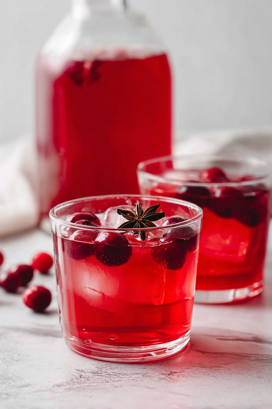 A clear glass holds a bright red drink with several whole red cherries floating on the top layer, alongside a few clear ice cubes giving texture. Two dark brown star anise pieces rest on the cherries as decoration. The glass is placed on a white marbled surface with a twisted gold spoon lying beside it, reflecting light softly. The overall look is clean and inviting, with rich red color contrasting the white background. photo taken with an iphone --ar 2:3 --v 7 - Spiced Cranberry Juice, cranberry juice with spices, easy spiced cranberry drink, homemade cranberry beverage, winter and summer cranberry drink