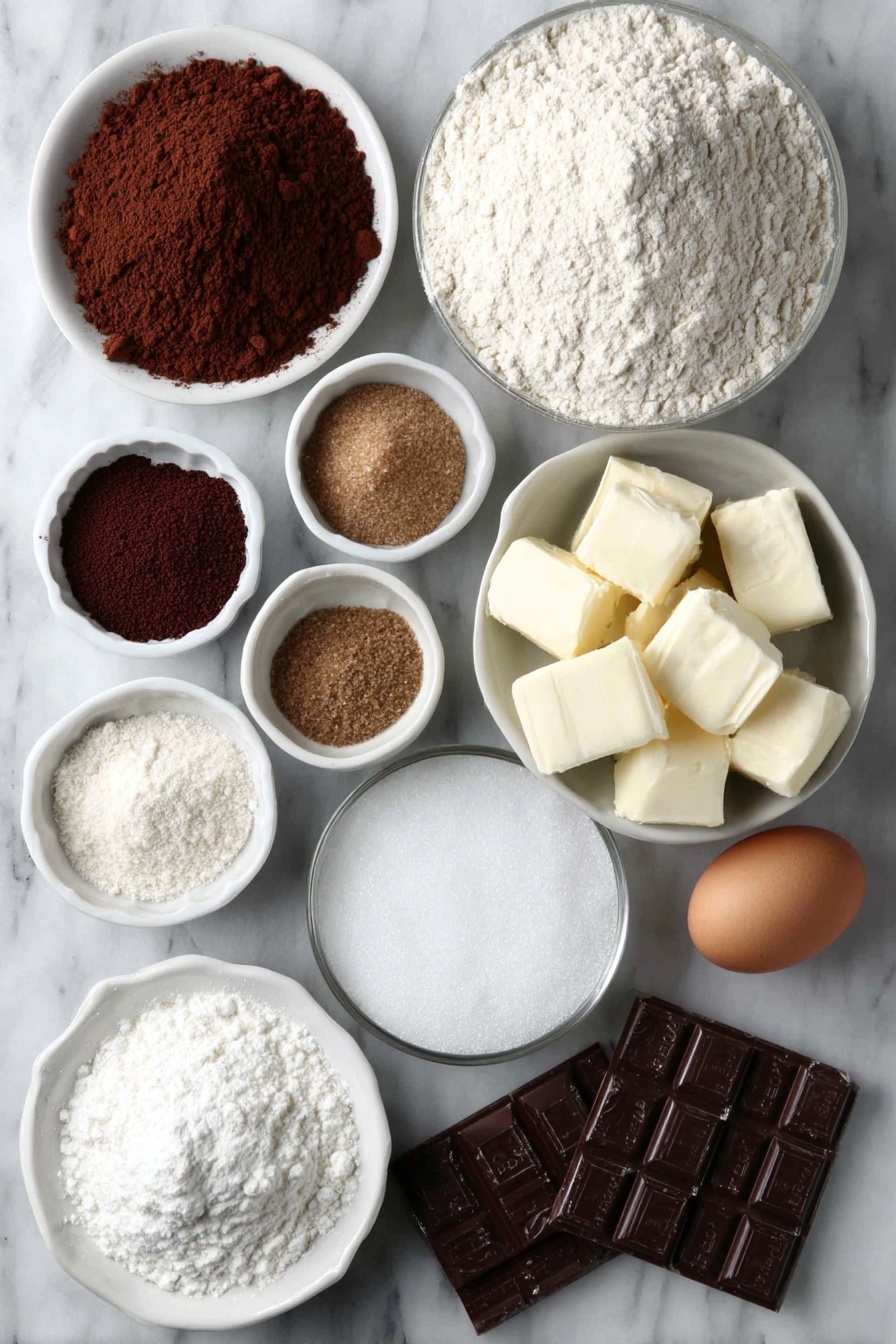 Flat lay of a small mound of all-purpose flour, a small white bowl filled with unsweetened cocoa powder, a small pile of dark brown sugar, a small white bowl of ground cinnamon, a small white bowl of ground ginger, a small white bowl of ground cloves, a few grains of salt scattered, a small white bowl with fresh orange zest, twelve pieces of unsalted butter cut into chunks, one whole uncracked brown egg, a small white bowl of dark molasses, a small pile of finely chopped semisweet chocolate, a small white bowl of white meringue powder, a large white bowl with powdered sugar, a small white bowl of clear water, and a small white bowl with vanilla extract placed in a balanced, symmetrical arrangement on a clean white marble surface, soft natural light, photo taken with an iPhone, professional food photography style, fresh ingredients, white ceramic bowls, no bottles, no duplicates, no utensils, no packaging --ar 2:3 --v 7 --p m7354615311229779997 - Chocolate Gingerbread Cookies, holiday gingerbread cookies with chocolate, spiced chocolate cookies recipe, homemade gingerbread cookies, easy chocolate gingerbread treats