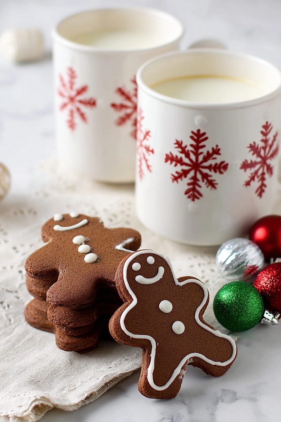 The image shows two white mugs with red snowflake patterns near the top, filled with white milk, placed on a white marbled surface. In the foreground, there is a stack of dark brown gingerbread cookies shaped like gingerbread people, with three small white icing dots on top in a vertical line. Next to the stack, one gingerbread cookie is standing upright and decorated with white icing outlining the shape, with a bite taken out of its head. Small shiny Christmas ornaments in red, green, and silver are placed beside the mugs. The items rest on a light-colored cloth that adds texture to the scene. Photo taken with an iphone --ar 2:3 --v 7 - Chocolate Gingerbread Cookies, holiday gingerbread cookies with chocolate, spiced chocolate cookies recipe, homemade gingerbread cookies, easy chocolate gingerbread treats