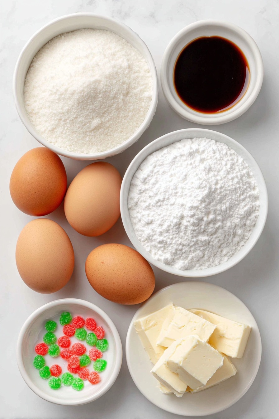 Flat lay of four large whole uncracked brown eggs, a small white ceramic bowl of fine white granulated sugar, a small white ceramic bowl of pale cream of tartar powder, a small white ceramic bowl with clear vanilla extract, small amounts of bright red and green gel food coloring arranged as tiny colorful dollops on a simple white ceramic dish, placed on a clean white marble surface, soft natural light, photo taken with an iPhone, professional food photography style, fresh ingredients, white ceramic bowls, no bottles, no duplicates, no utensils, no packaging --ar 2:3 --v 7 --p m7354615311229779997 - Christmas Meringue Kisses, festive meringue cookies, holiday treat ideas, easy Christmas desserts, sweet holiday snacks