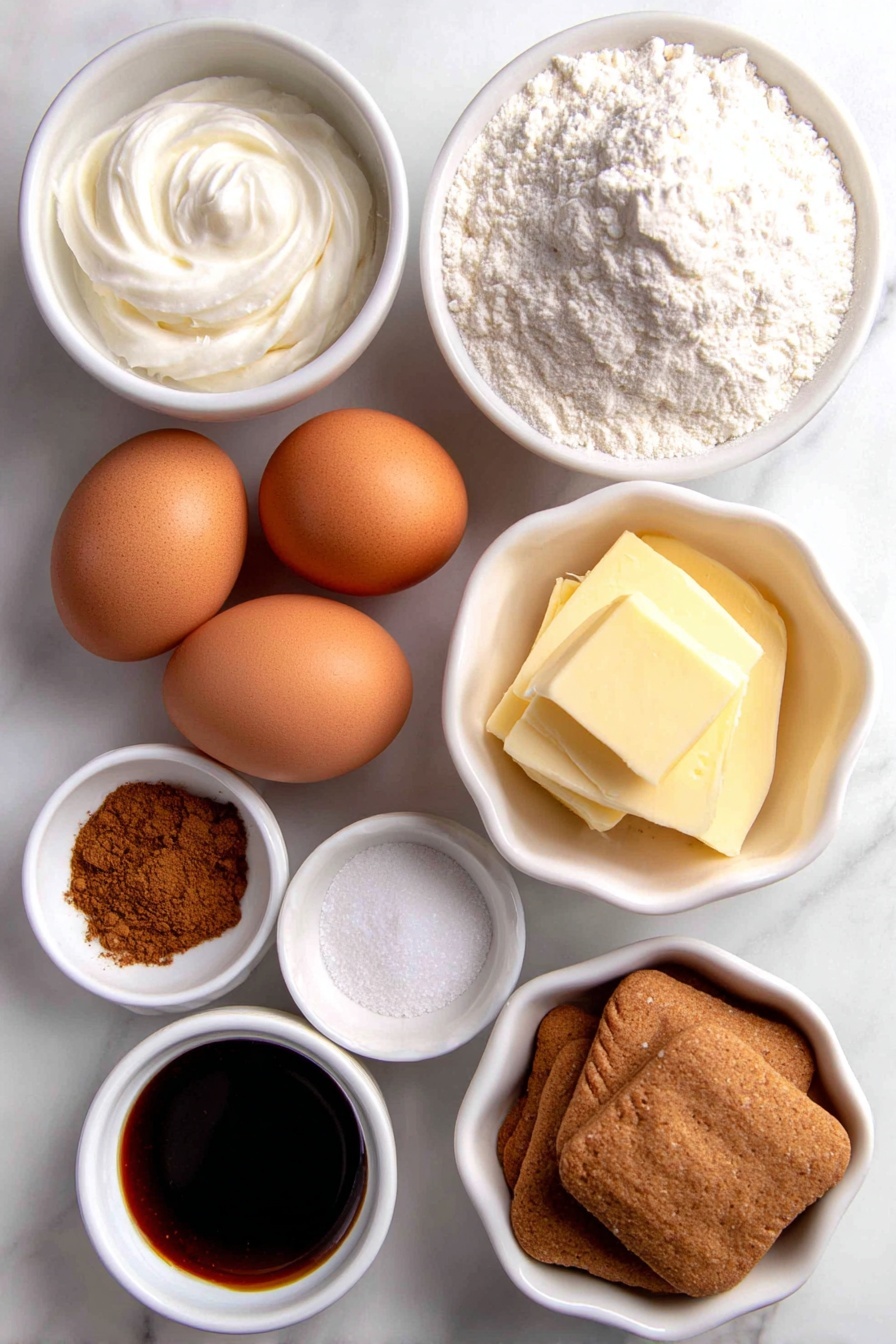 Flat lay of three whole brown eggs with clean shells, a small mound of all-purpose flour on a white ceramic plate, a small white bowl of ground cinnamon, a small white bowl of ground cloves, a small white bowl of ground ginger, a small white bowl of kosher salt, a small white bowl of baking soda, a small white bowl of dark molasses, a small pat of melted butter on a white ceramic dish, a small white bowl of granulated sugar, a small white bowl of confectioners’ sugar, a white ceramic bowl of softened cream cheese, a small pat of unsalted butter on a white ceramic dish, a small white bowl of vanilla extract, a small white bowl of minced crystallized ginger, a few gingerbread cookies placed simply, all arranged symmetrically and naturally fresh, placed on a clean white marble surface, soft natural light, photo taken with an iPhone, professional food photography style, fresh ingredients, white ceramic bowls, no bottles, no duplicates, no utensils, no packaging --ar 2:3 --v 7 --p m7354615311229779997 - Christmas Gingerbread Swiss Cake Roll, gingerbread Swiss cake roll, holiday gingerbread dessert, festive cake roll recipe, spiced gingerbread cake