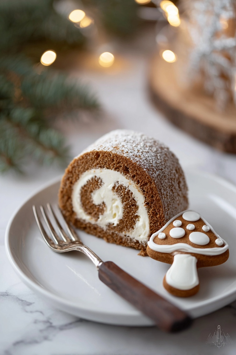 A white plate holds a single slice of brown cake roll with a light cream swirl inside, positioned near the center. Next to the cake roll, on the right side, is a small mushroom-shaped cookie decorated with white icing that looks like spots on the mushroom cap. Behind the plate, a silver fork with a dark wooden handle rests on the plate's edge. The scene is softly lit by small warm string lights in the blurred background, set on a white marbled surface with a hint of green from a pine branch on the left side. Photo taken with an iphone --ar 2:3 --v 7 - Christmas Gingerbread Swiss Cake Roll, gingerbread Swiss cake roll, holiday gingerbread dessert, festive cake roll recipe, spiced gingerbread cake
