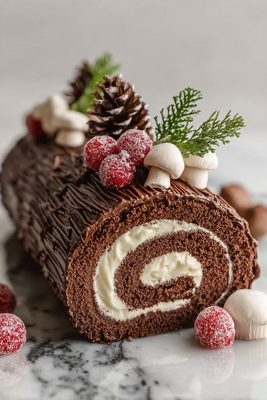 The image shows a chocolate roll cake shaped like a log, with three visible layers: a dark brown chocolate sponge cake rolled tightly around a smooth, creamy white filling in the center; the outside is coated in textured chocolate frosting with lines that look like bark. On top of the cake, there are three details: a small cluster of bright red sugared berries with green sprigs, a pine cone decoration, and three white mushrooms with brown gills. Around the cake are more white mushrooms and additional red sugared berries. The cake sits on a shiny surface with a white marbled background. Photo taken with an iphone --ar 2:3 --v 7 - White Chocolate Peppermint Yule Log, holiday Yule log dessert, peppermint cake roll, festive Christmas cake, white chocolate holiday dessert