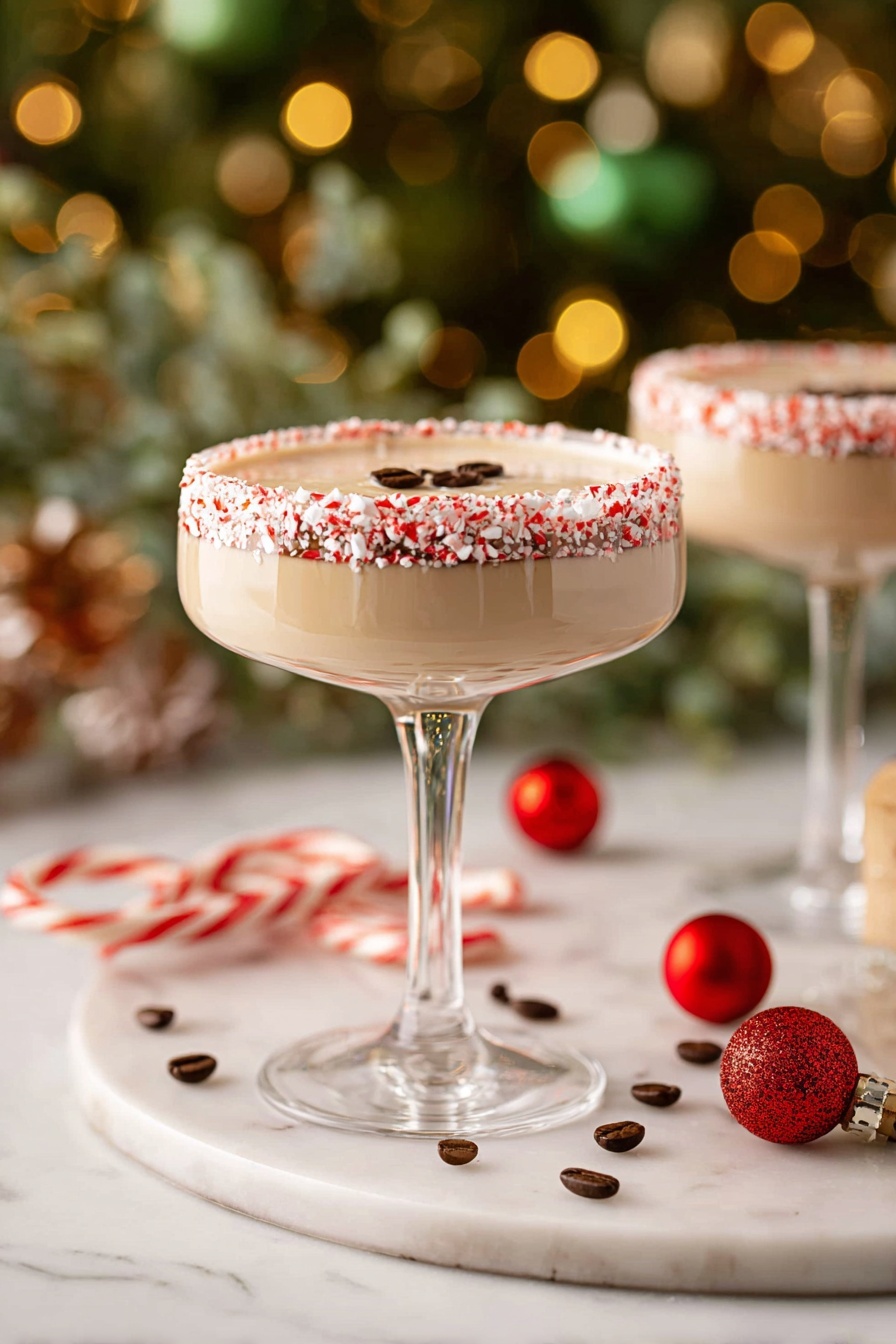 A creamy light brown cocktail fills a tall clear glass with a wide bowl, showing a smooth frothy top layer. The glass rim is coated with a dark chocolate layer and decorated with small red and white crushed candy pieces, creating a rough textured border. Three dark brown coffee beans float on the froth near the center. The glass stands on a white marbled surface scattered with red shiny Christmas ornaments, whole coffee beans, and red and white candy canes, with a blurry green and yellow light background. Photo taken with an iphone --ar 2:3 --v 7 - Peppermint Espresso Martini, festive holiday cocktails, peppermint martini, holiday cocktail recipes, winter drinks with peppermint