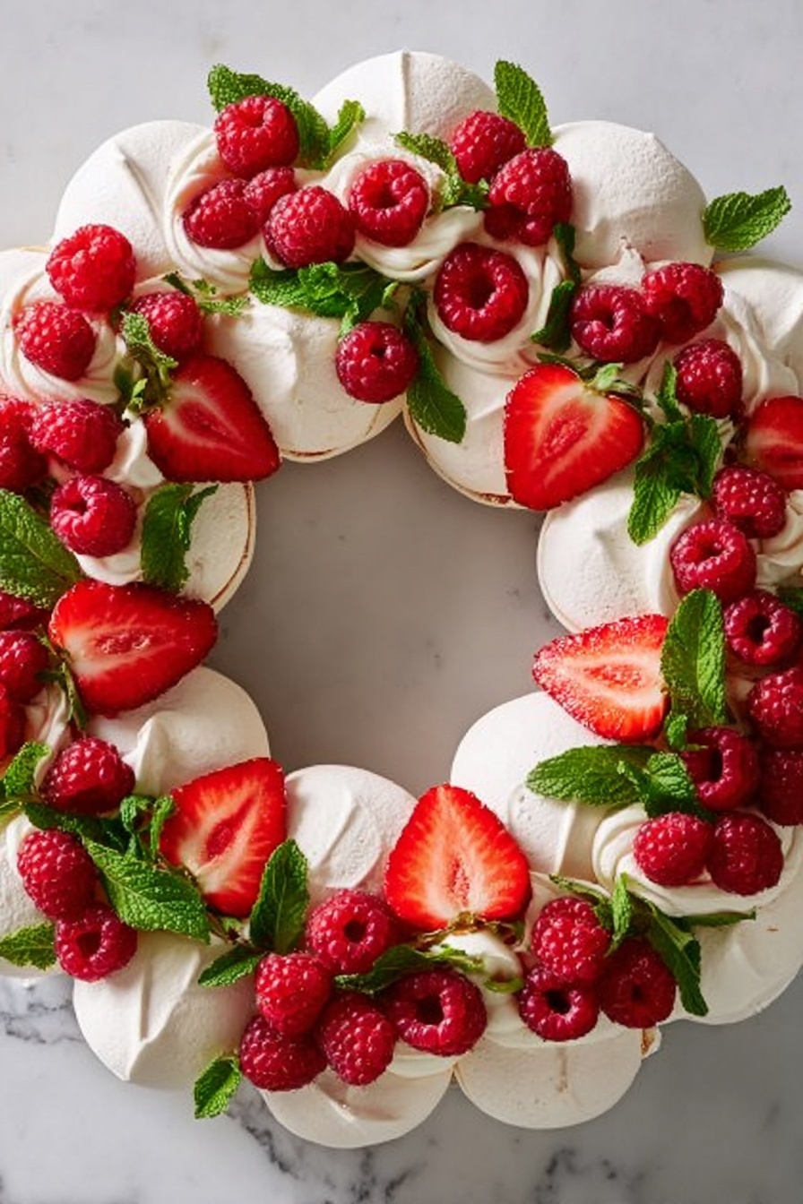 The image shows a circular wreath made up of small round white meringue bases arranged in two layers, forming the shape. On top of each meringue, there is a dollop of white cream. The wreath is decorated with halves of bright red strawberries, whole red raspberries, and fresh green mint leaves evenly spread around. The whole wreath sits on a white marbled surface. photo taken with an iphone --ar 2:3 --v 7 - Pull-Apart Pavlova Wreath, Pavlova dessert with fresh fruit, festive pavlova centerpiece, easy pavlova recipe, shareable fruit dessert