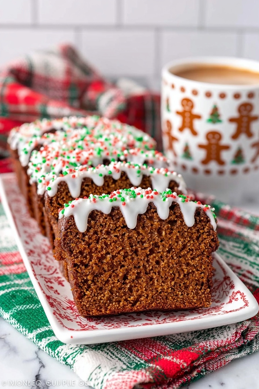 A thick brown loaf cake is sliced into several pieces and placed side by side on a white rectangular plate with red holiday patterns. Each slice has a rough texture and is topped with a wavy line of white icing sprinkled with red, green, and white tiny round and rod shapes. The plate rests on layered Christmas-themed cloths in white, green, and red with tree and plaid designs. In the blurred background, there is a white cup with gingerbread man patterns filled with a foamy beverage. The setting features a white marbled surface and white tiled background. Photo taken with an iphone --ar 2:3 --v 7 - Gingerbread Banana Bread, Gingerbread Banana Bread Recipe, Festive Banana Bread with Ginger, Spiced Banana Bread with Molasses, Holiday Pumpkin Bread