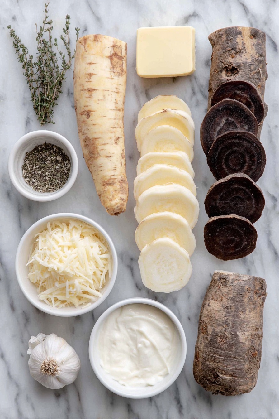 Flat lay of a small pat of unsalted butter, a long whole peeled sweet potato sliced in thin rounds, large peeled parsnips sliced in thin rounds, small peeled beets sliced in thin rounds, a small white bowl filled with heavy cream, a small white bowl of grated Parmesan cheese, a small white bowl of fresh minced thyme, a single garlic clove, a small white bowl with shredded Gruyere cheese, salt and pepper scattered naturally around, placed on a clean white marble surface, soft natural light, photo taken with an iPhone, professional food photography style, fresh ingredients, white ceramic bowls, no bottles, no duplicates, no utensils, no packaging --ar 2:3 --v 7 --p m7354615311229779997 - Cheesy Root Vegetable Gratin, root vegetable gratin, cheesy vegetable casserole, fall vegetable side dish, comfort food with root vegetables